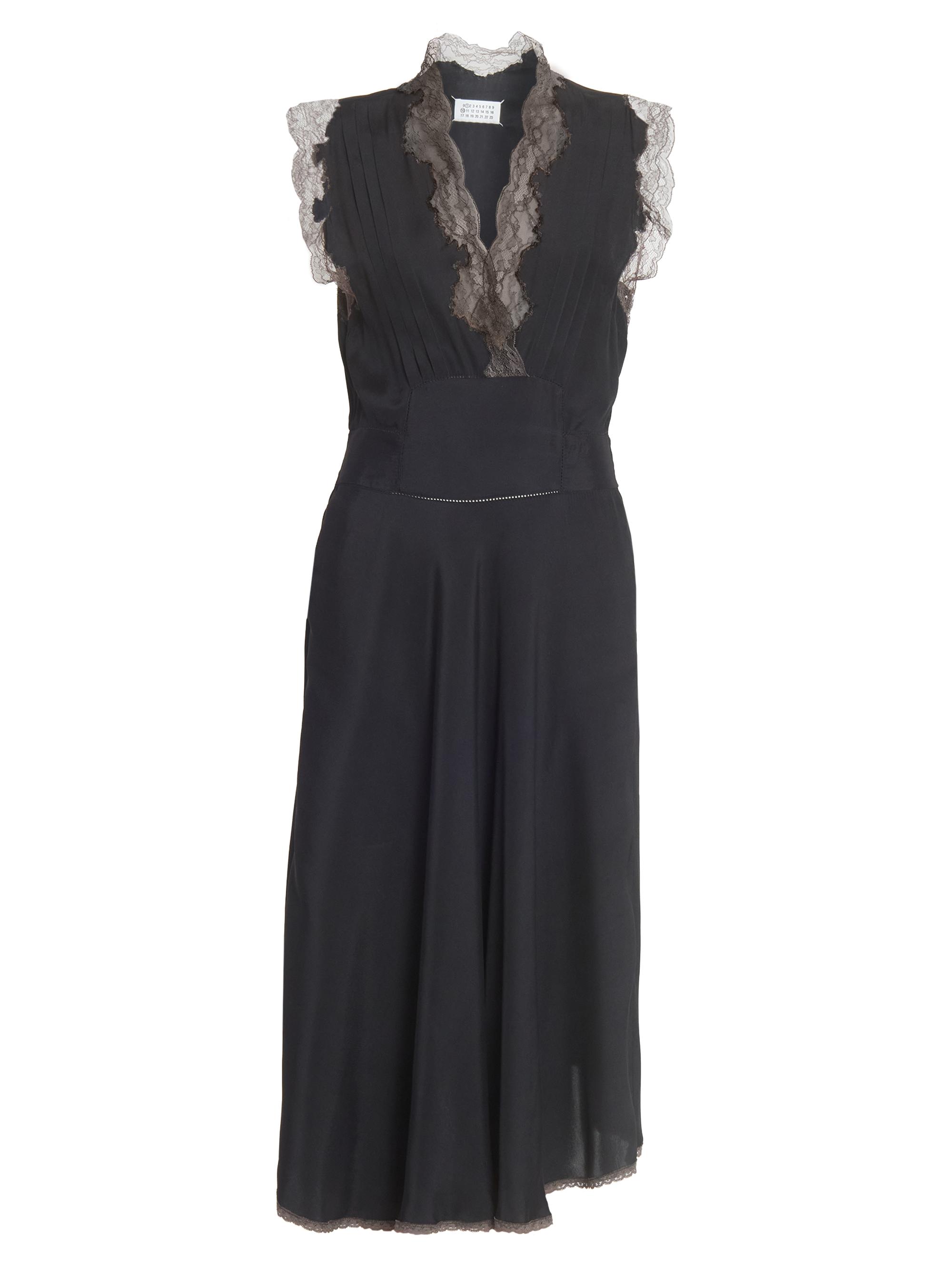 Maison Margiela Women's Lace-Trimmed Matte Satin Midi-Dress - Black