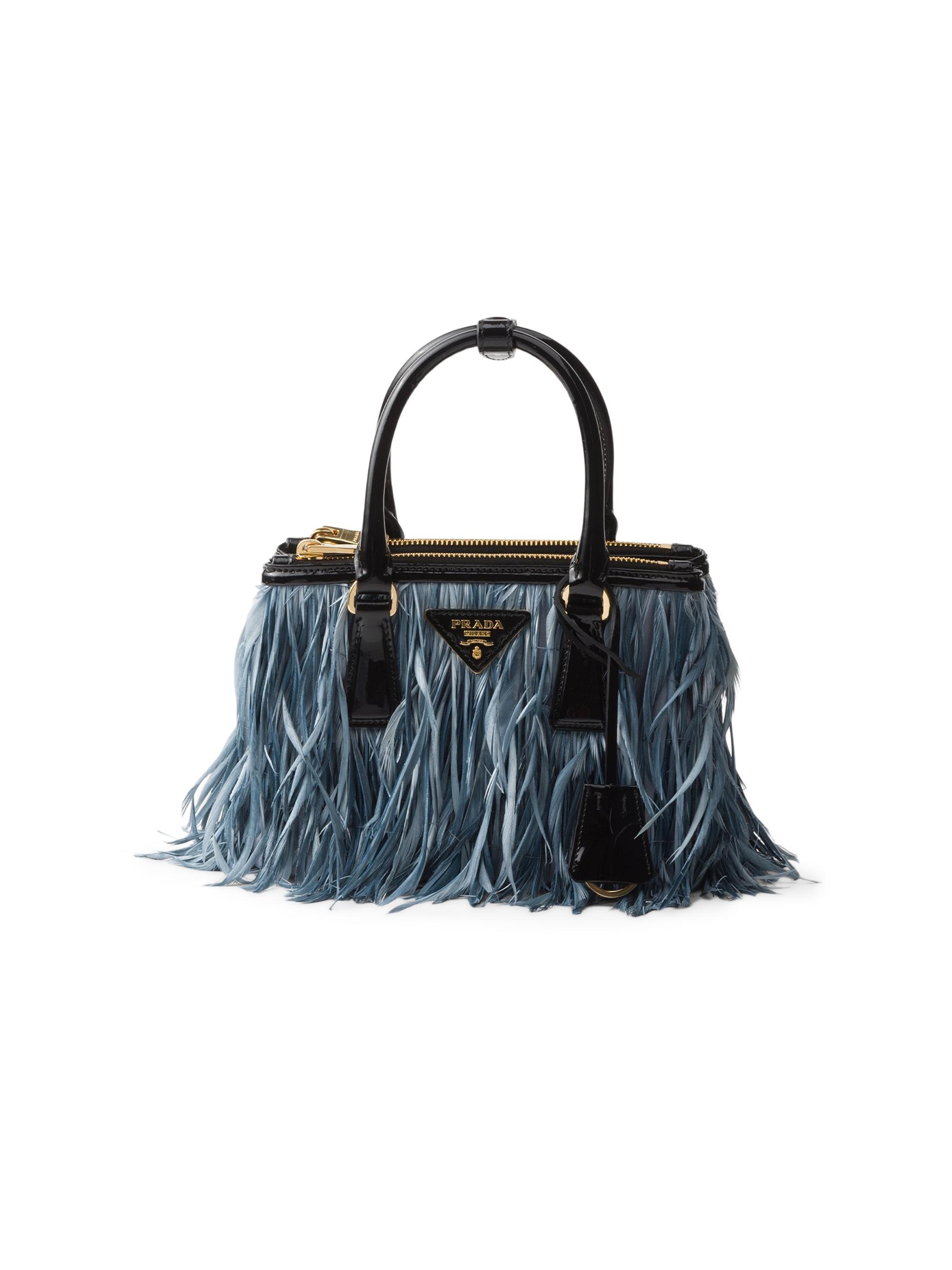 Prada Women's Galleria Mini Top Handle Bag with Feather Trim - Blue