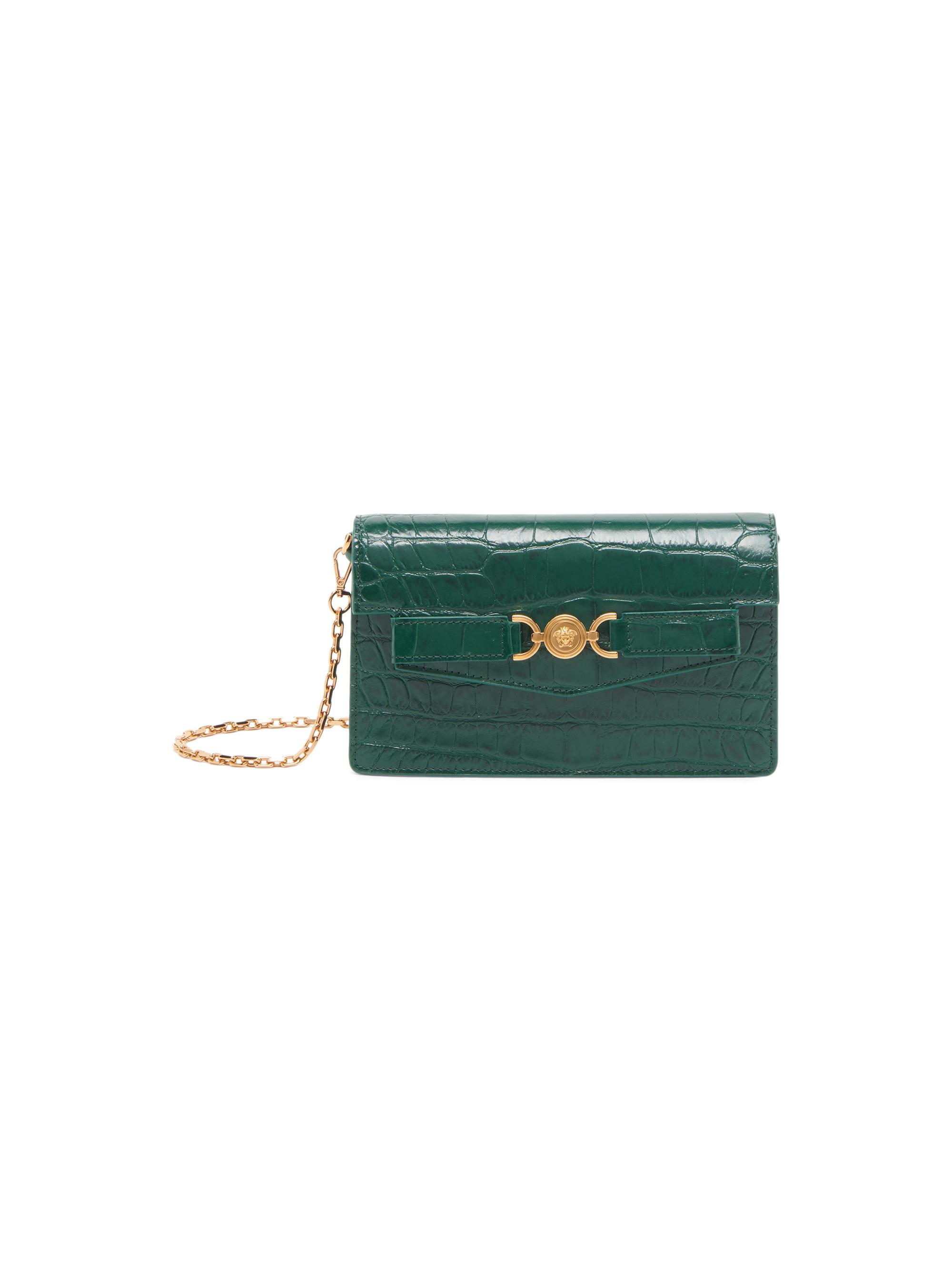 Versace Women's Croc-Embossed Leather Wallet-On-Chain Shoulder Bag - Dark Emerald  Gold