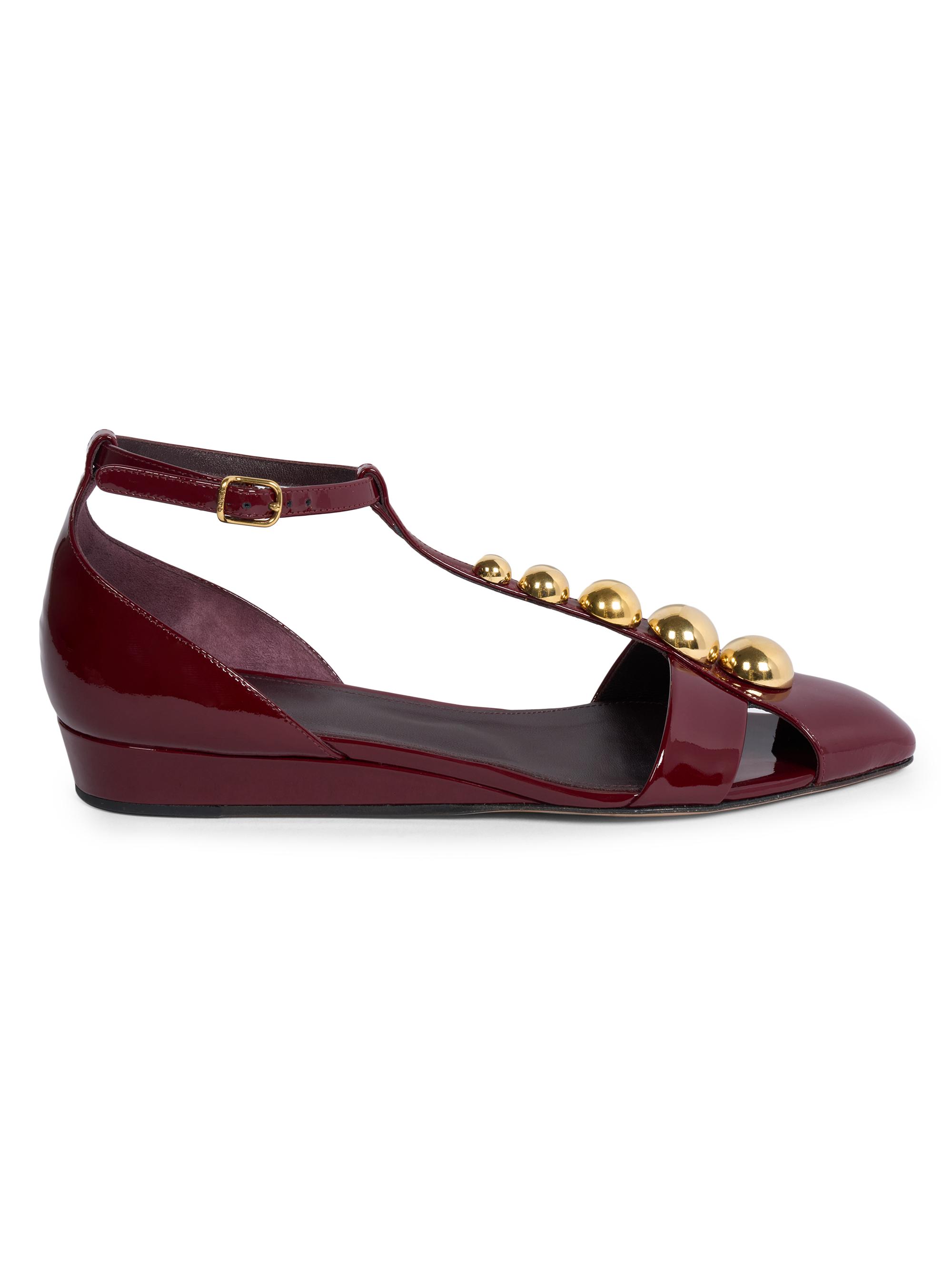 Chloé Women's Cleia 20MM Studded Patent Leather T-Strap Wedge Sandals - Grenat
