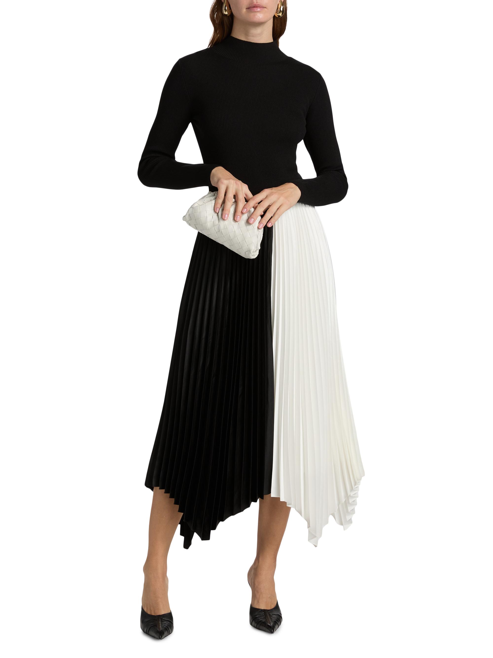 Elie Tahari Women's The Elsa Mixed-Media A-Line Midi-Dress - Noir And White Bottom | Thumbnail 3