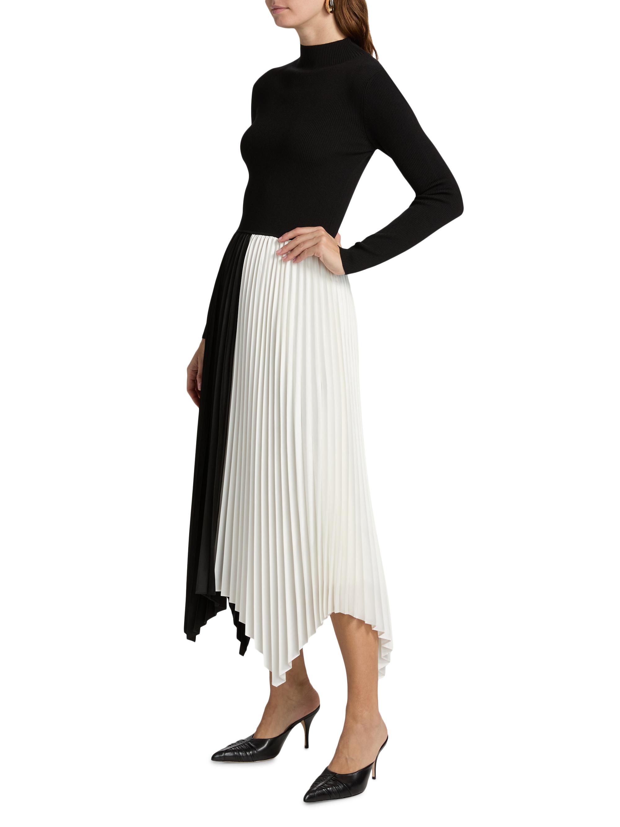 Elie Tahari Women's The Elsa Mixed-Media A-Line Midi-Dress - Noir And White Bottom | Thumbnail 4