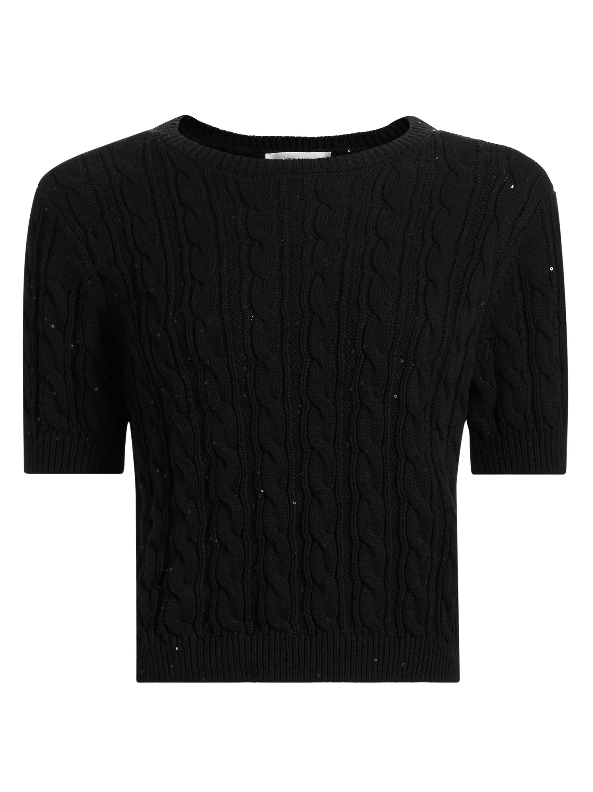 FRAME Women's Sequin-Embellished Cable-Knit Short-Sleeve Sweater - Black