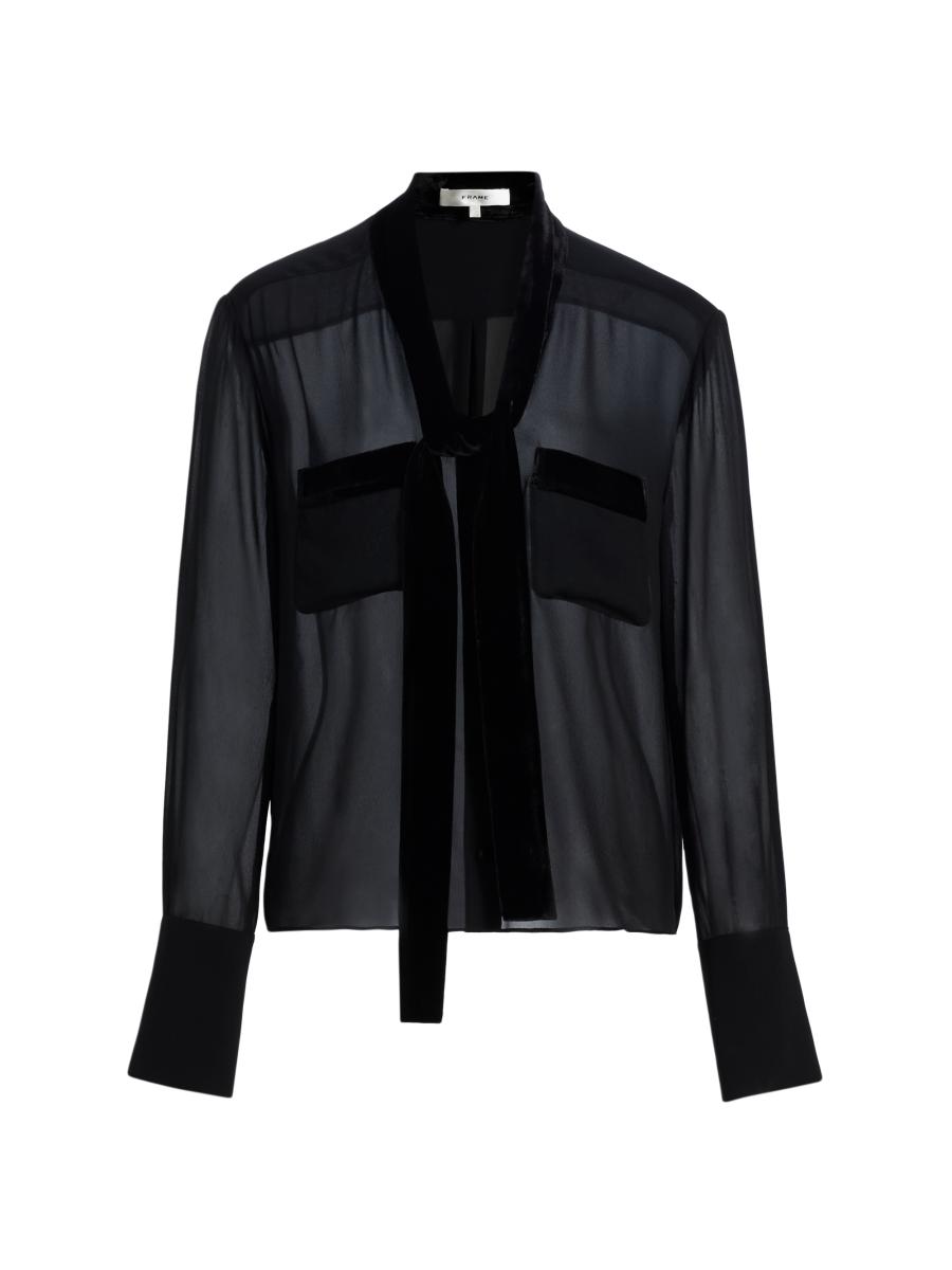 Frame Women's Modern Velvet-trim Sheer Silk Blouse In Black