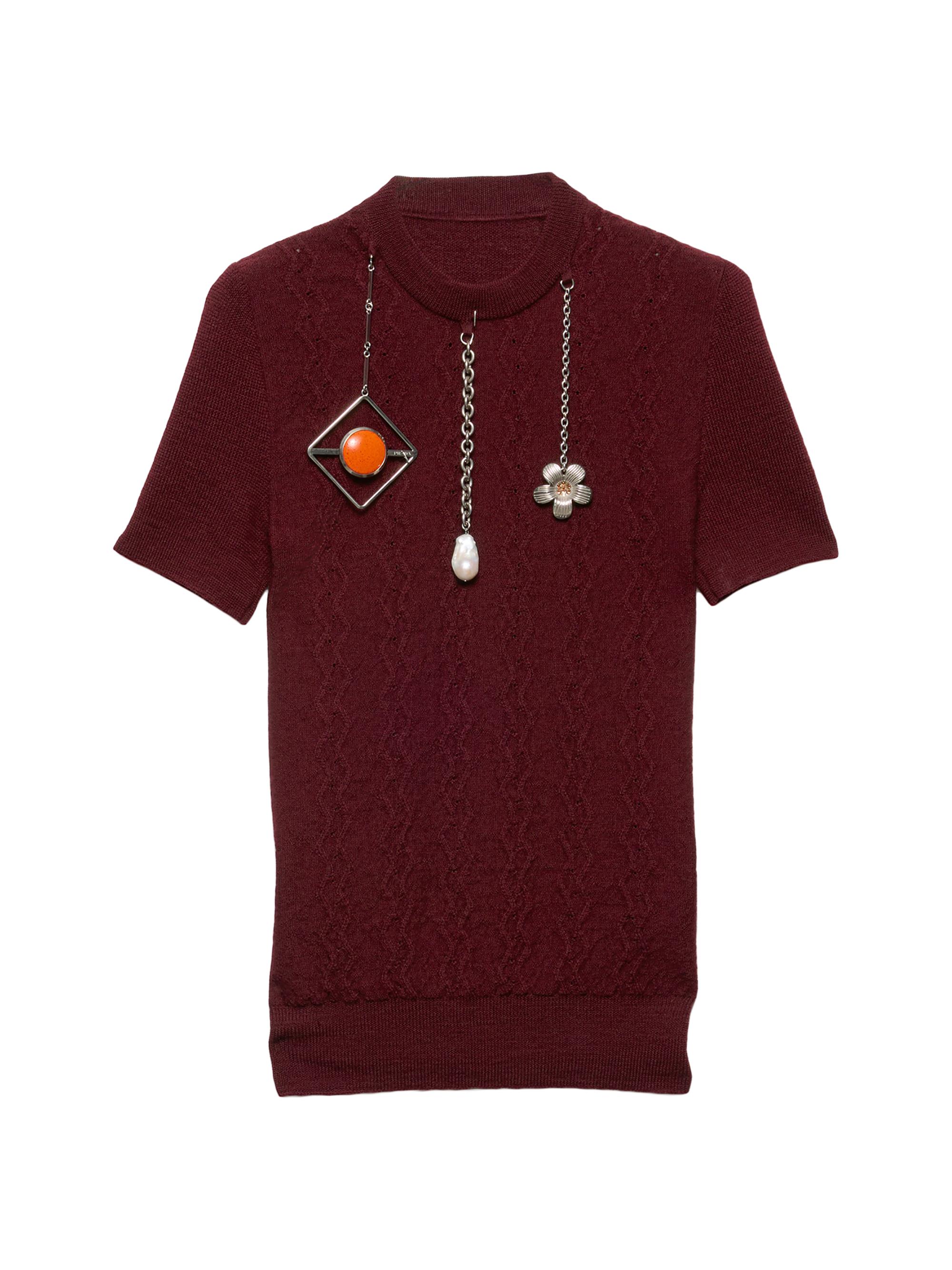 Prada Women's Short-Sleeved Wool Sweater with Pendants - Dark Red