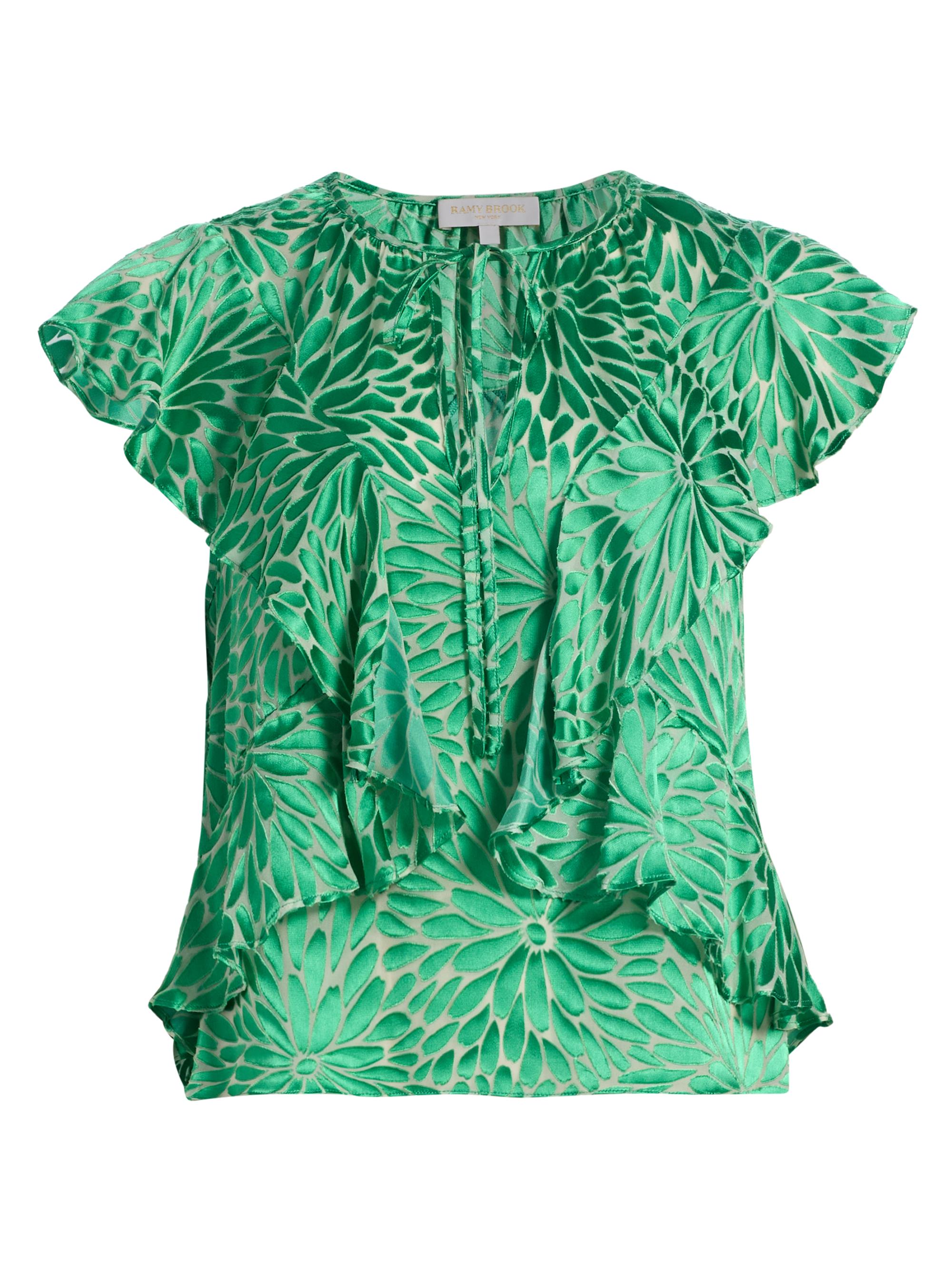 Ramy Brook Women's Julianne Floral Ruffled Tieneck Blouse - Bright Palm Burnout