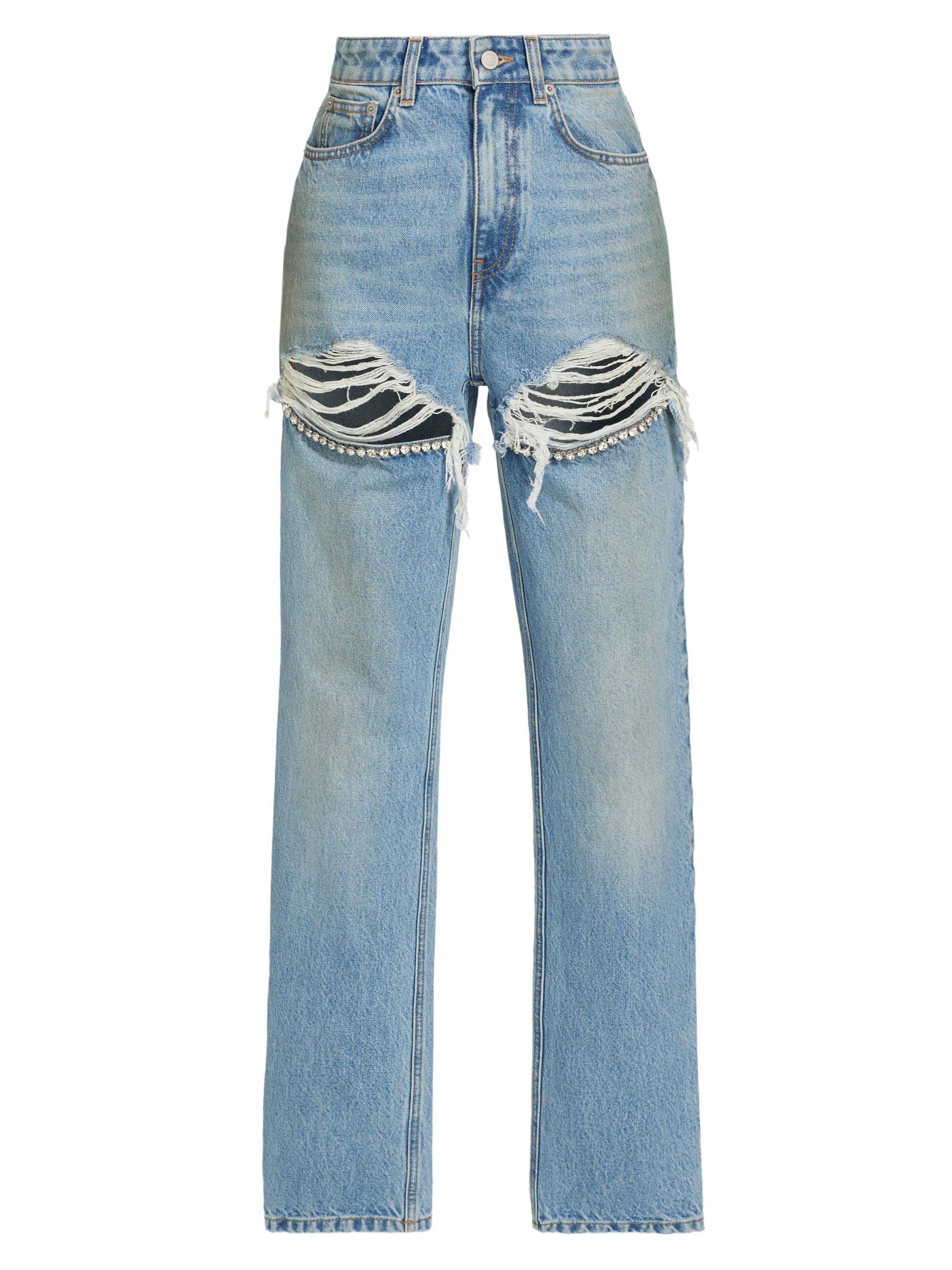 Area Women's Crystal Fray Slit Jeans - Medium Blue