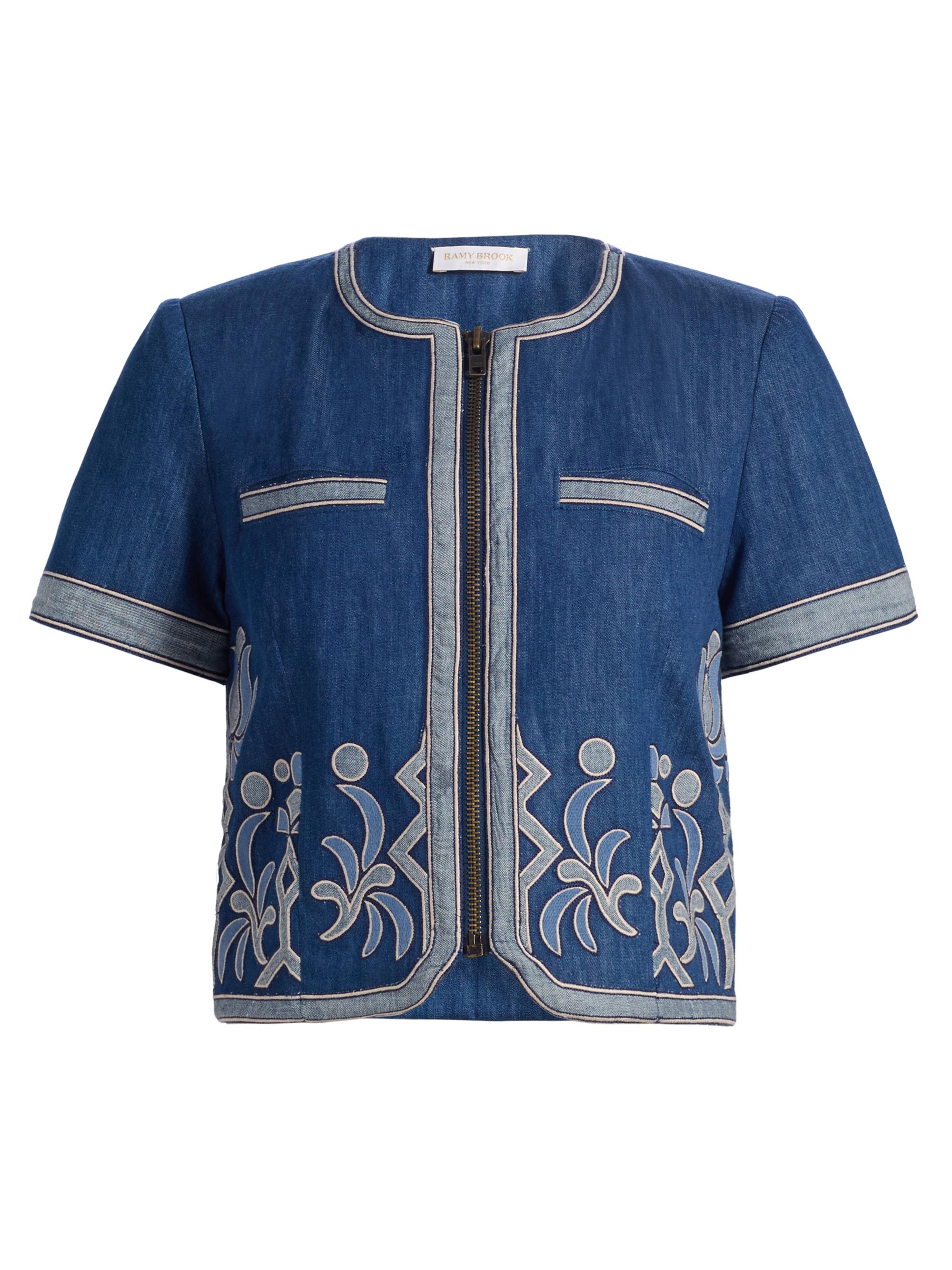 Ramy Brook Women's Nicko Embroidered Denim Zip-Up Jacket - Tonal Embroidered Denim