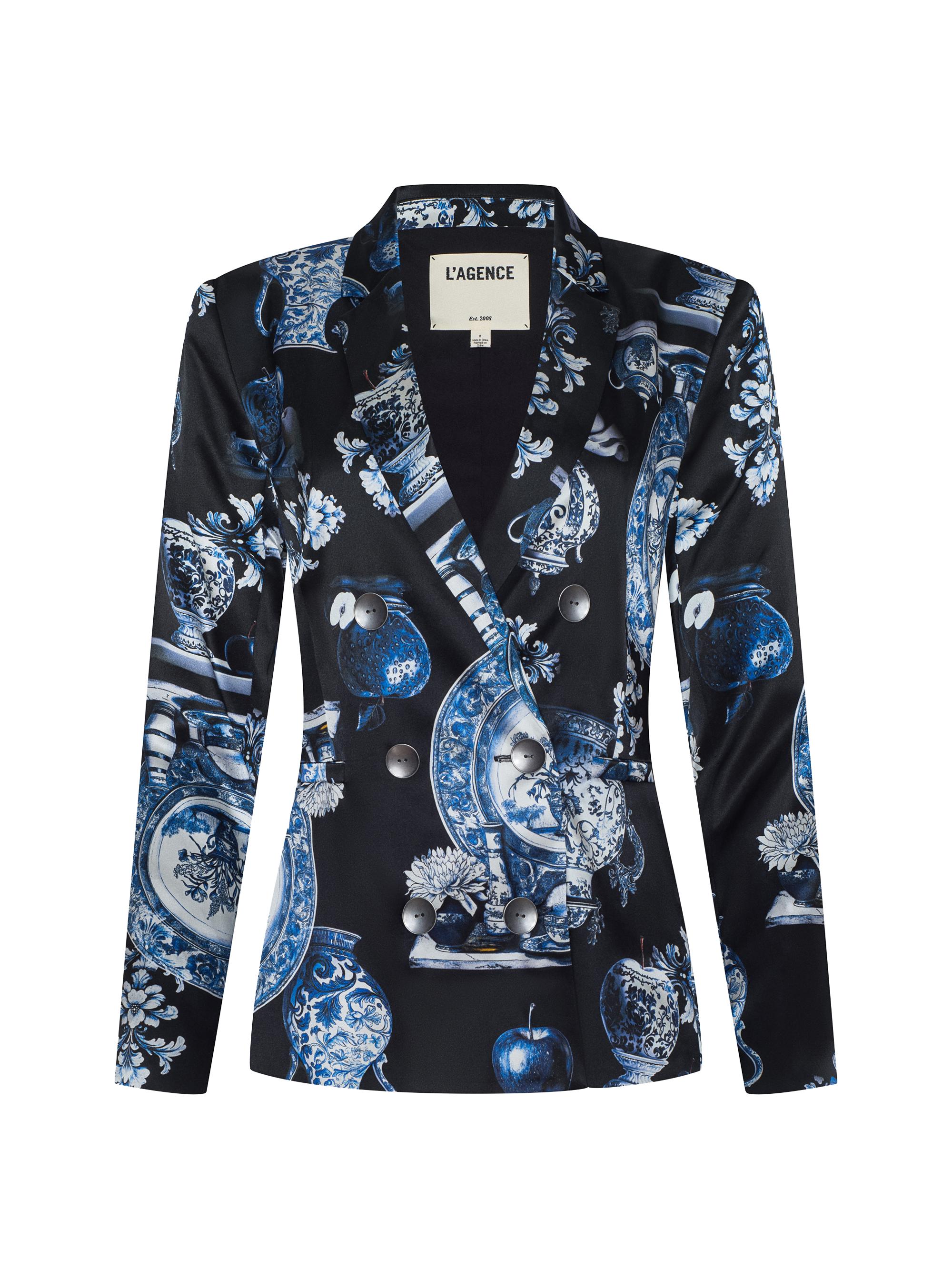 L'AGENCE Women's Colin Graphic Silk Double-Breasted Blazer - Black Blue Large Porcelain