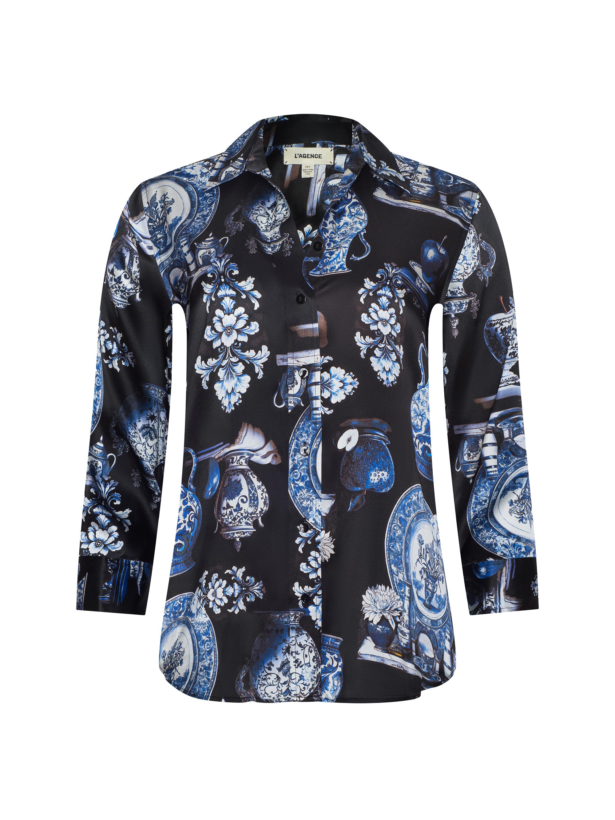 L'AGENCE Women's Dani Graphic Silk Blouse - Black Blue Porcelain Print
