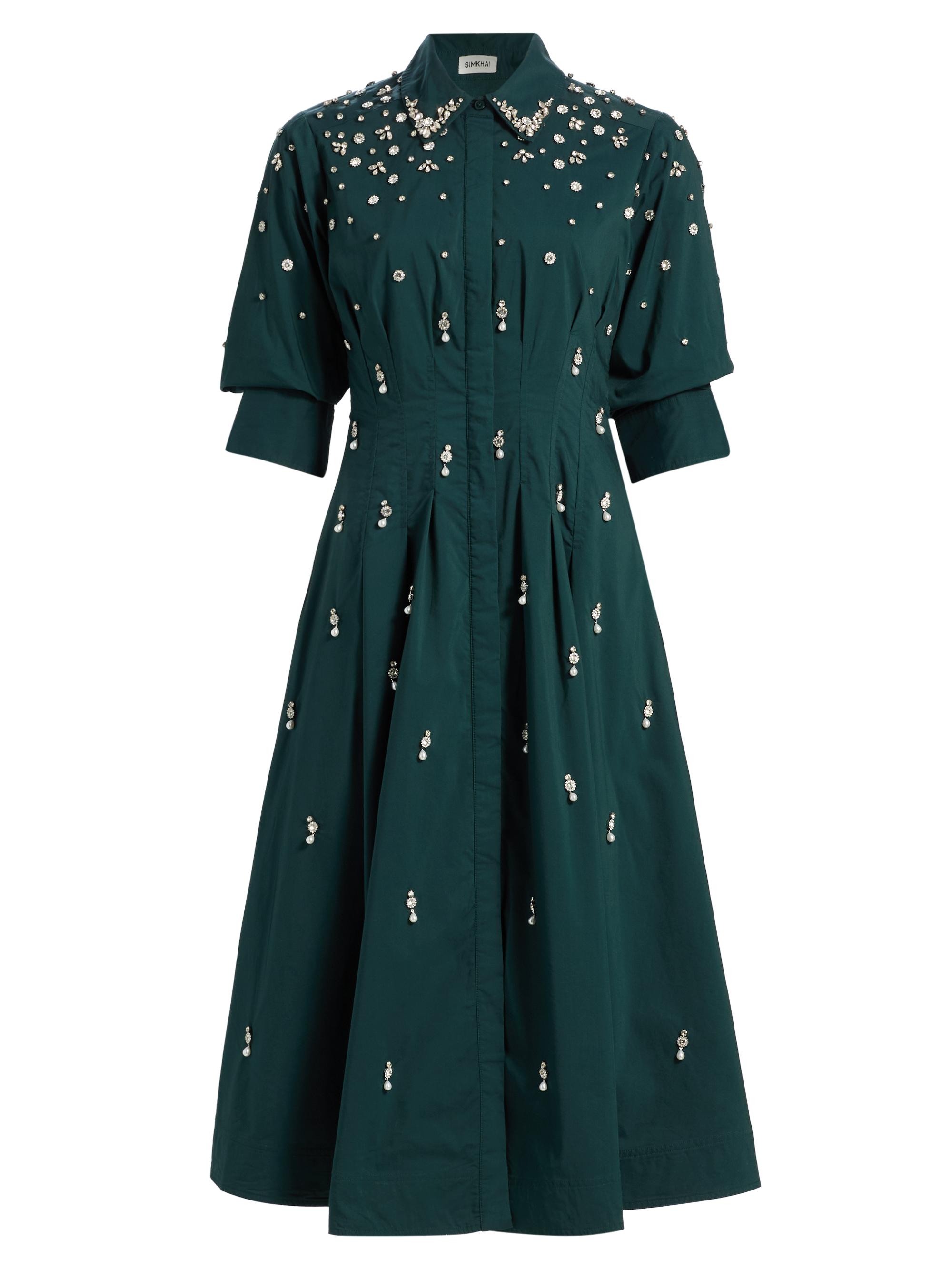 SIMKHAI Women's Jazz Embellished Cotton-Blend Midi-Shirtdress - Emerald