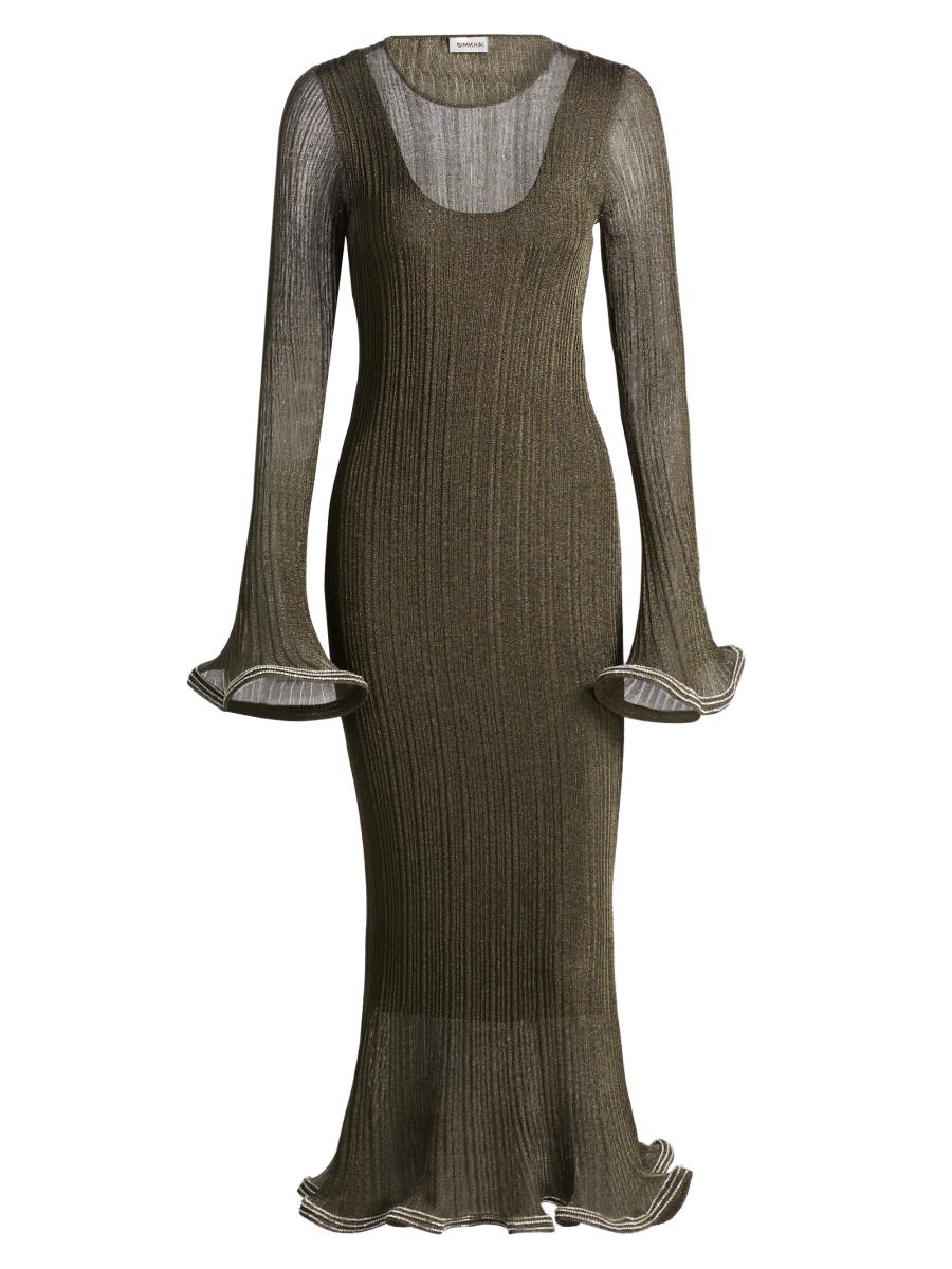 SIMKHAI Chessie Metallic Flared Hem Rib-Knit Midi-Dress | Saks