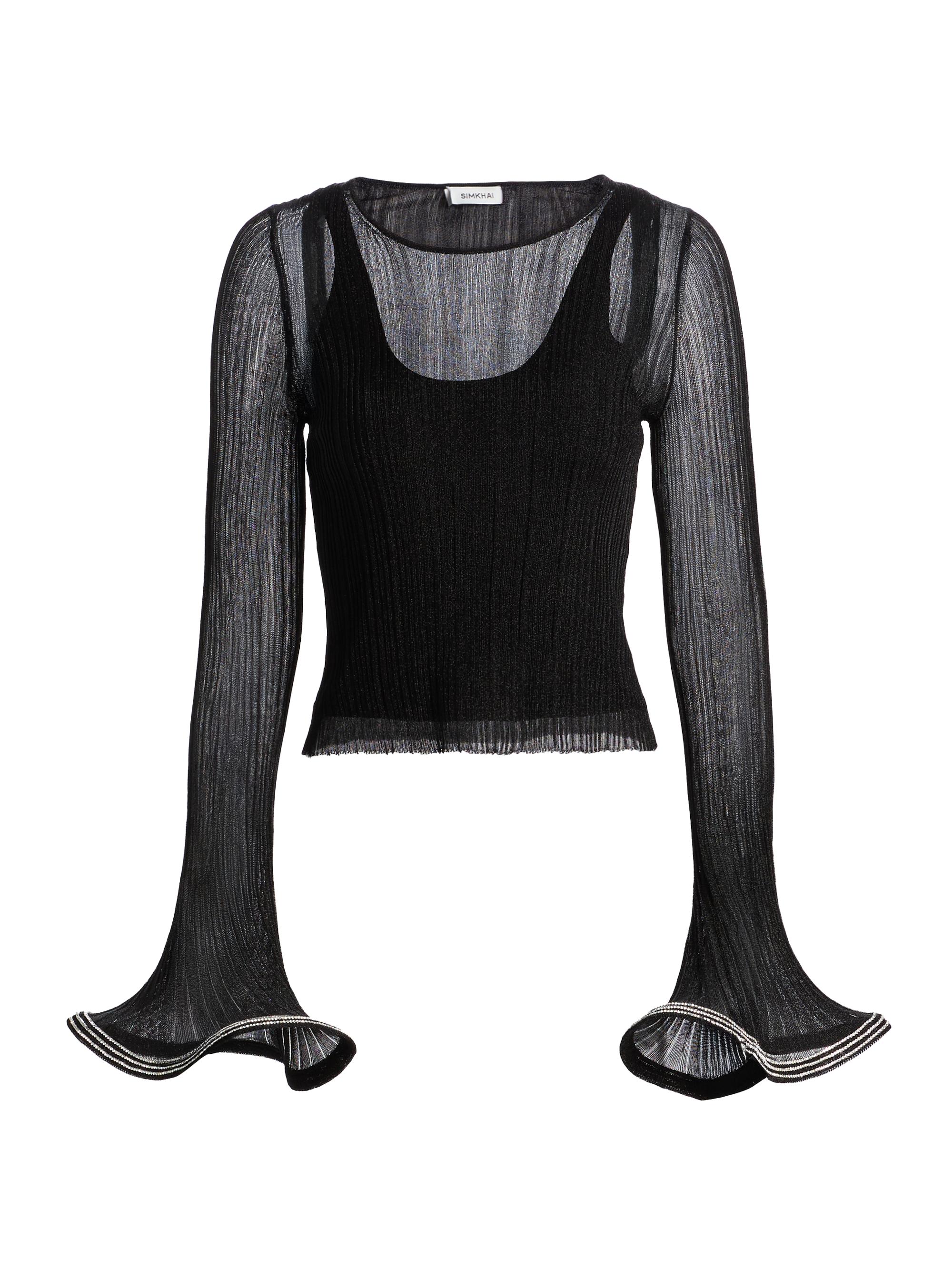 SIMKHAI Women's Maebry Flared Sleeve Rib-Knit Top - Black