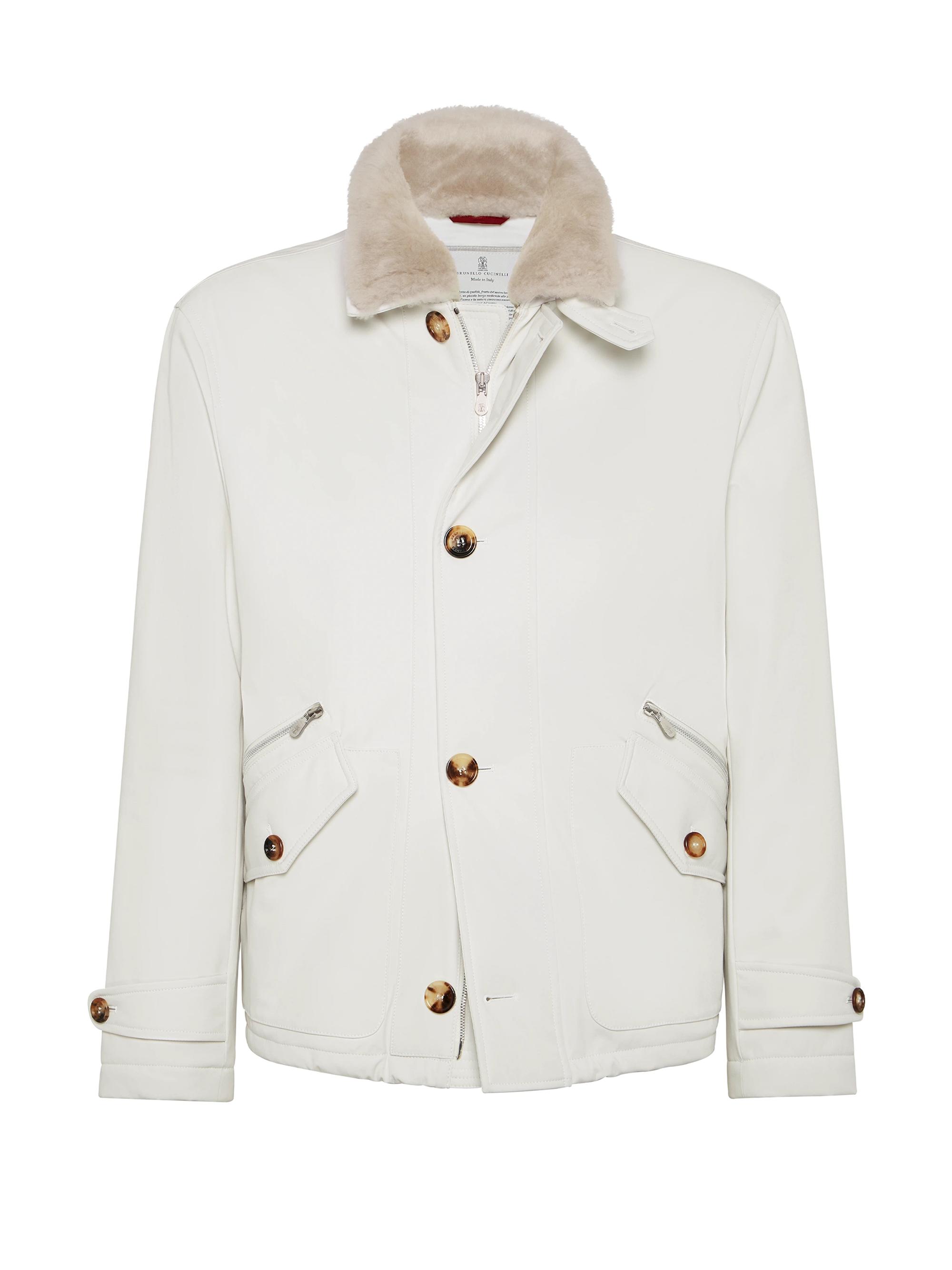 Brunello Cucinelli Men's Stretch Bonded Nylon Bomber Jacket with Detachable Shearling Collar - Panama