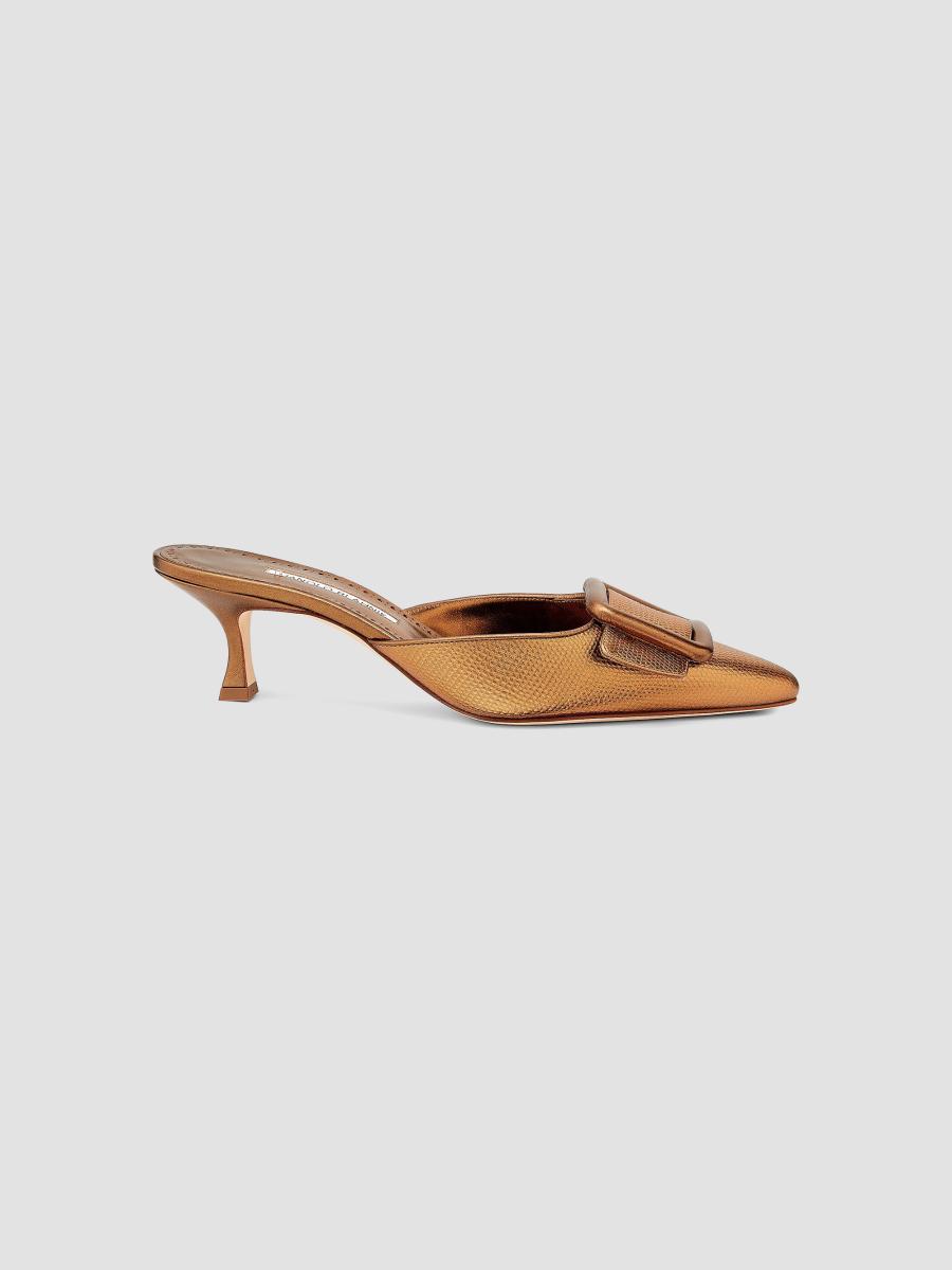 新品未使用！MANOLO BLAHNIK 茶レザー ミュール 保存袋付き Manolo Blahnik Maysalebi 50MM Snake-Embossed Metallic Leather