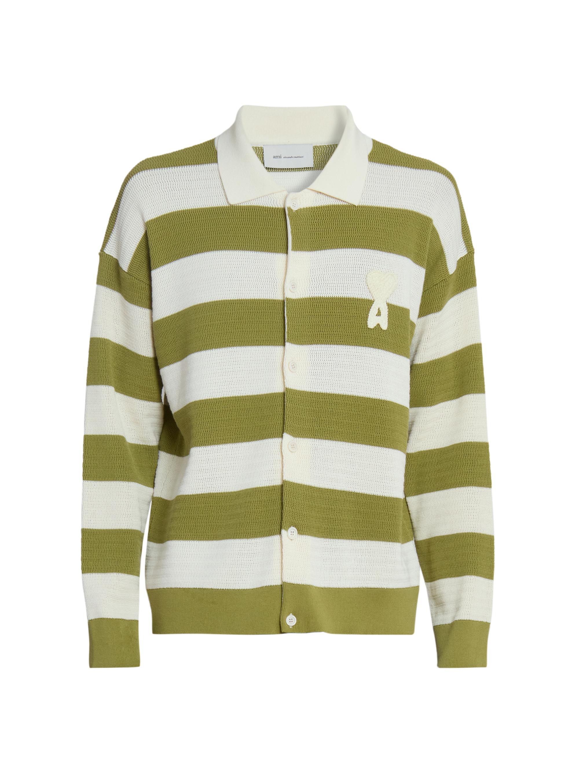 AMI Paris Men's Striped Cotton Cardigan - Blanc Creme Matcha