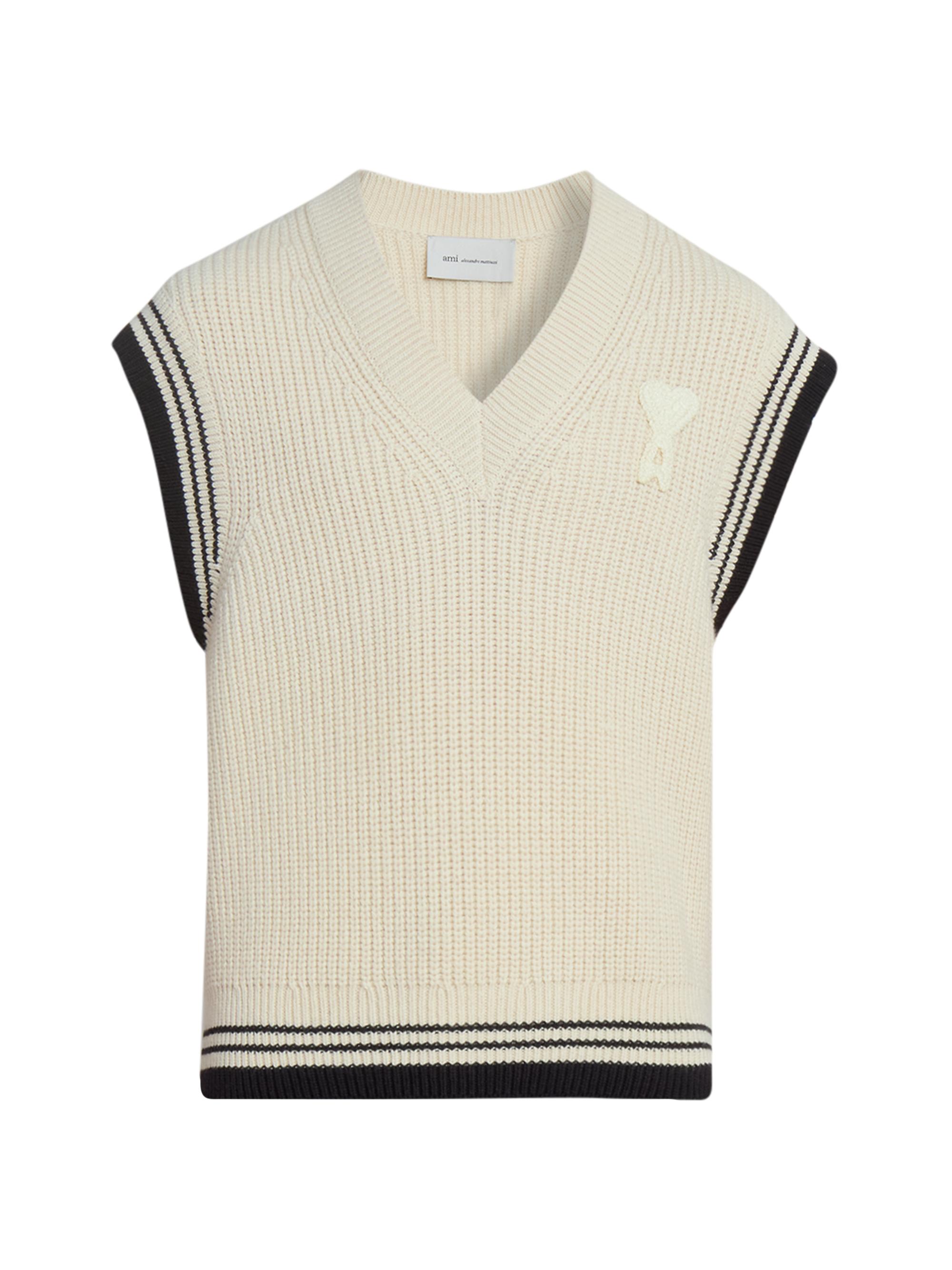 AMI Paris Men's Logo Wool-Cotton Sweater Vest - Blanc Creme