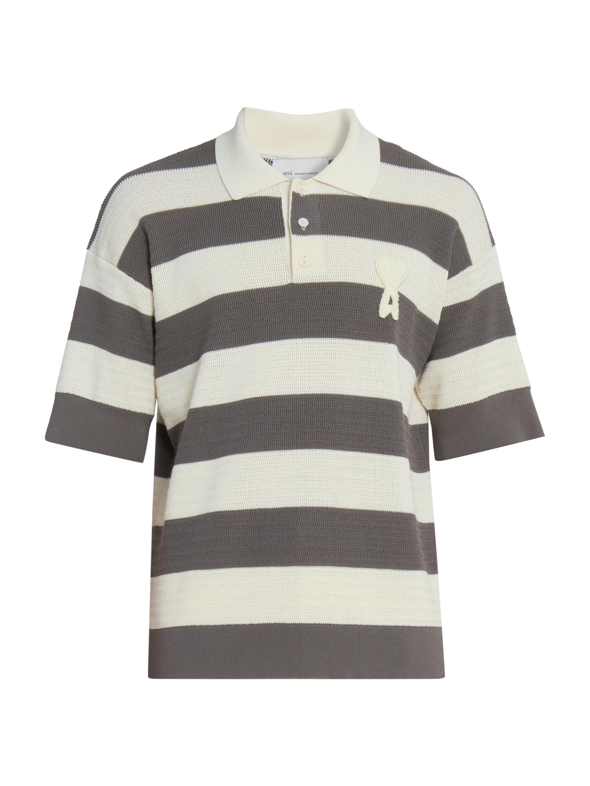 AMI Paris Men's Rugby Stripe Cotton Polo Shirt - Blanc Creme Carbone