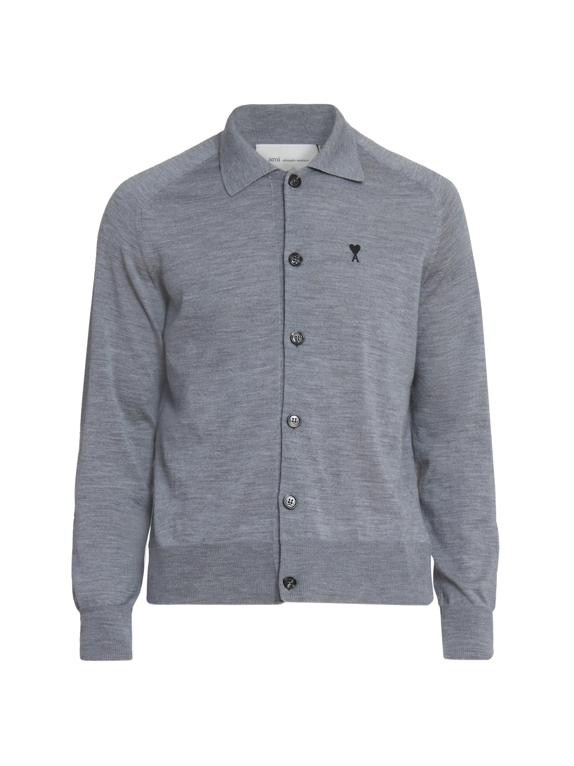 AMI Paris Men's Collared Wool Cardigan - Gris Chine Noir