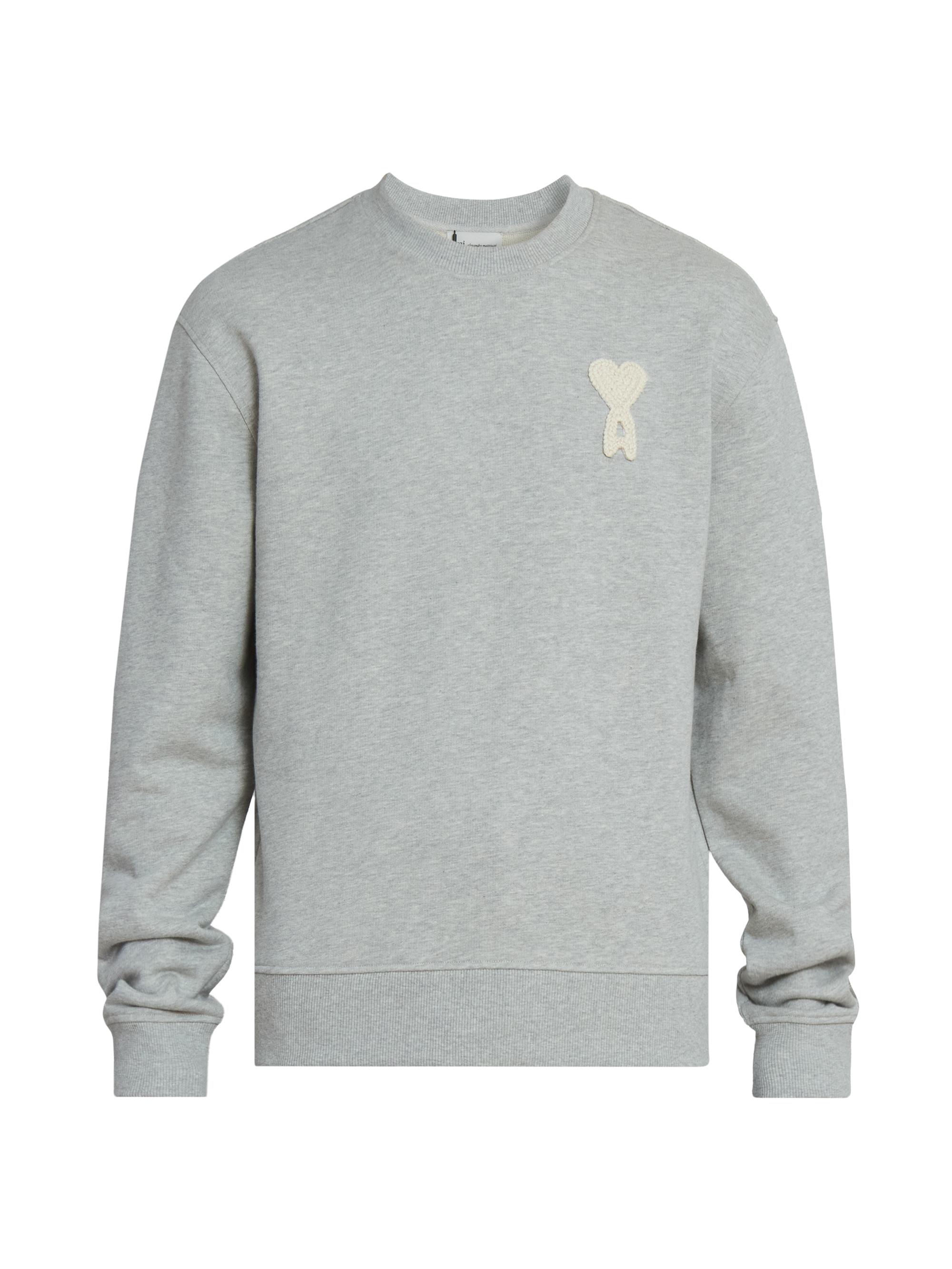 AMI Paris Men's Classic Cotton Crewneck Sweatshirt - Gris Cend Chine Blanc