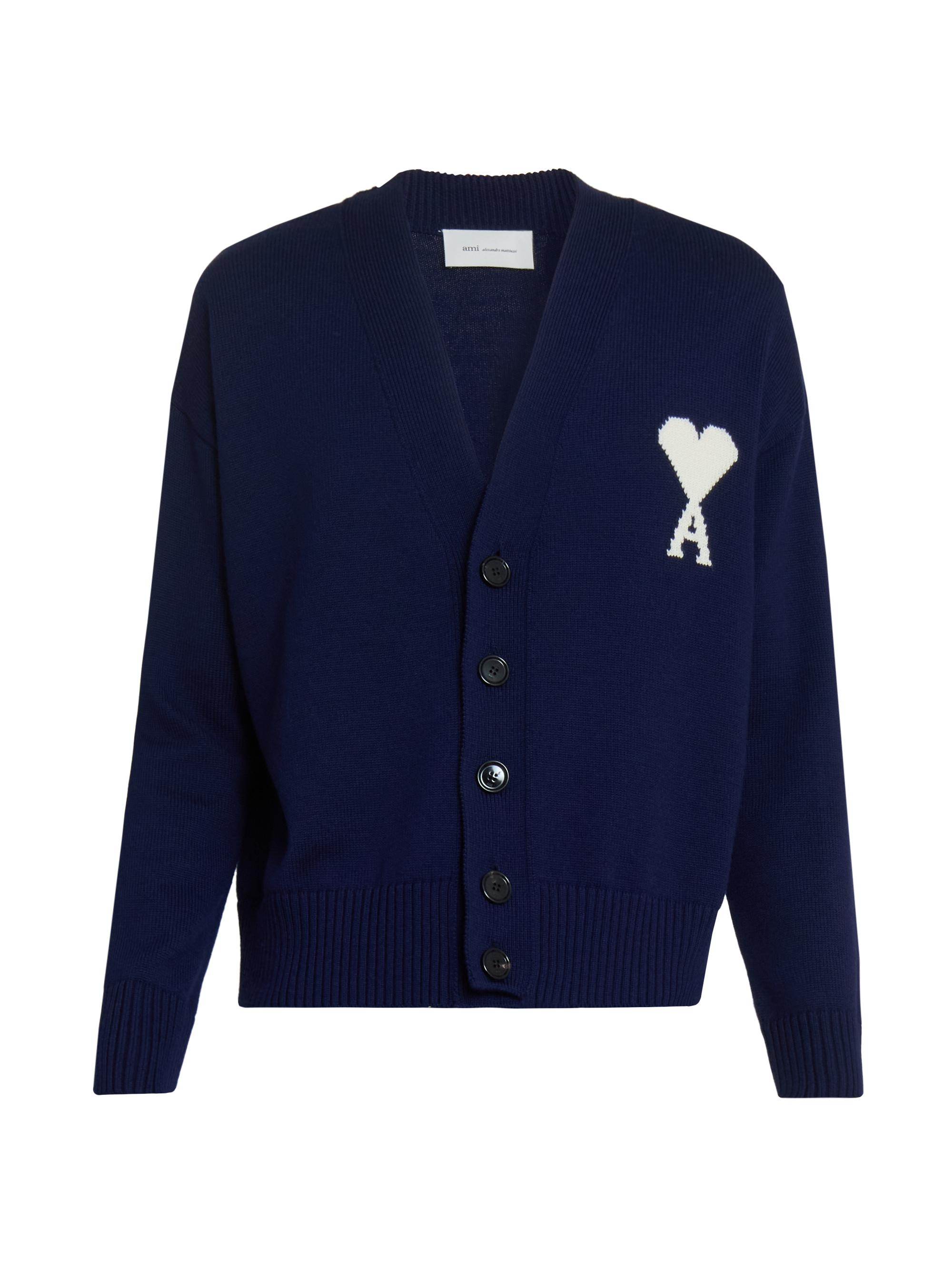 AMI Paris Men's Quota Wool-Cotton Cardigan - Encre Ecru