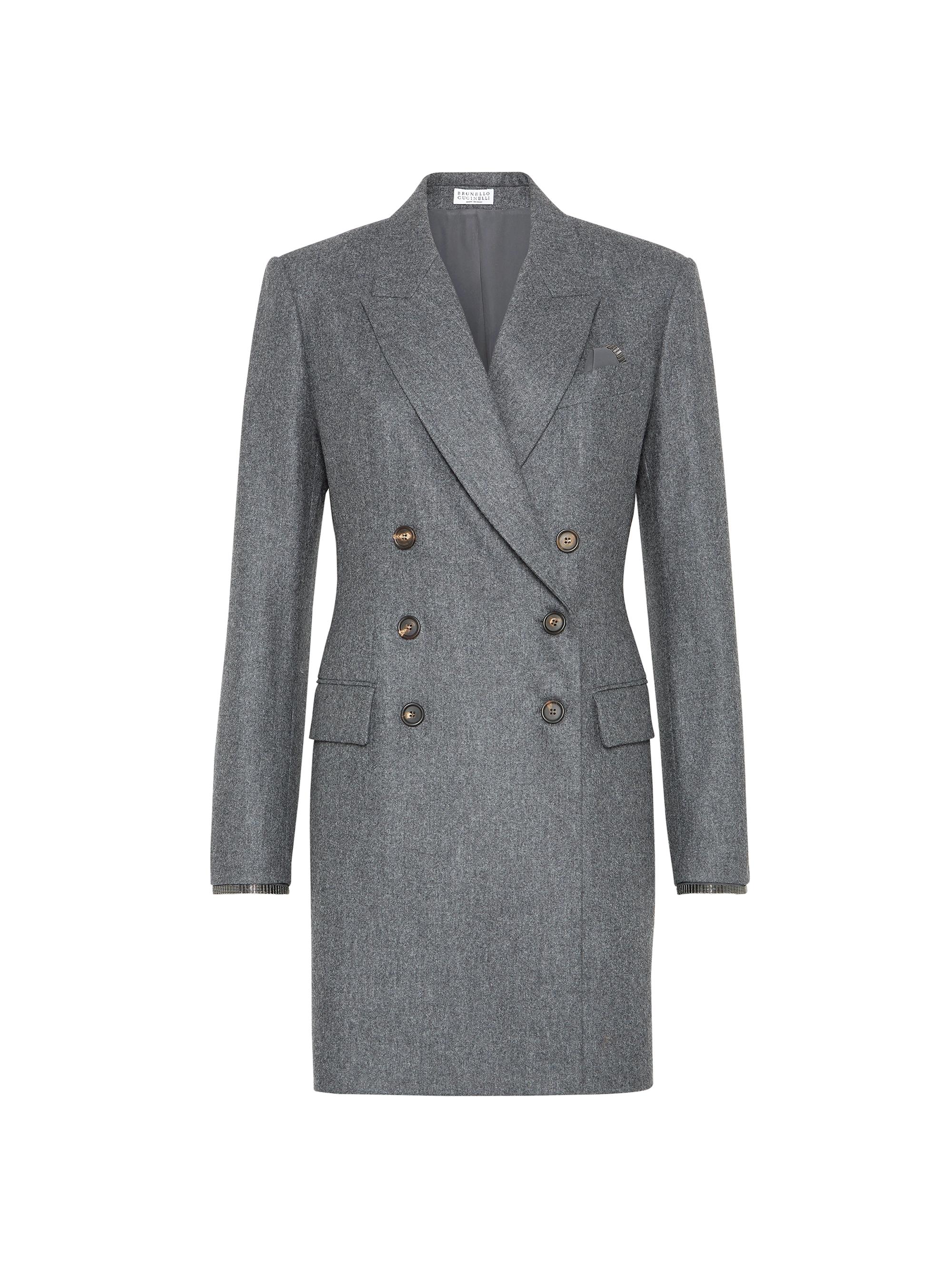Brunello Cucinelli Women's Virgin Wool Flannel Blazer Dress with Shiny Cuffs and Pocket Square - Dark Grey