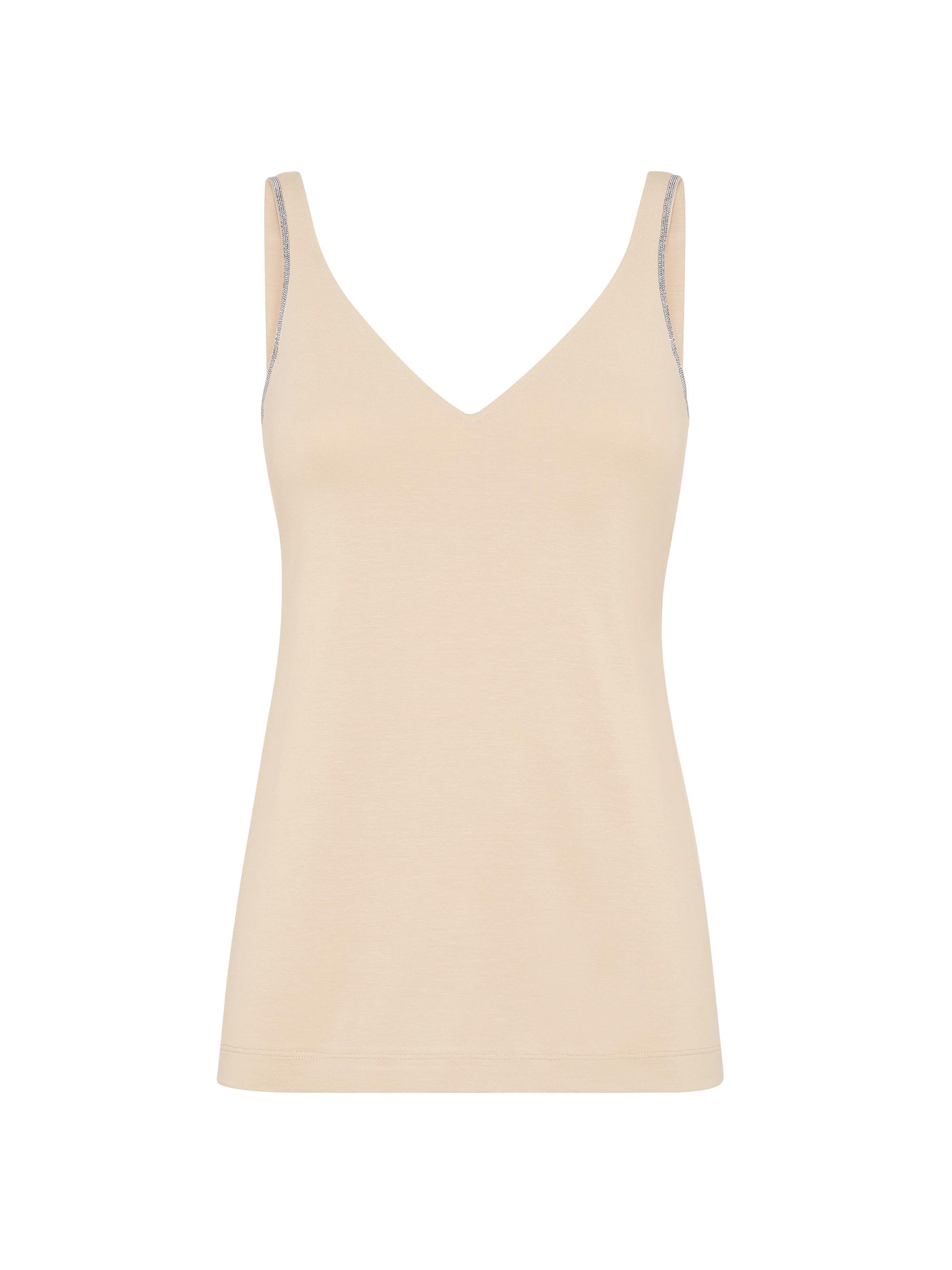 Brunello Cucinelli Women's Stretch Cotton Jersey Top with Shiny Straps - Beige