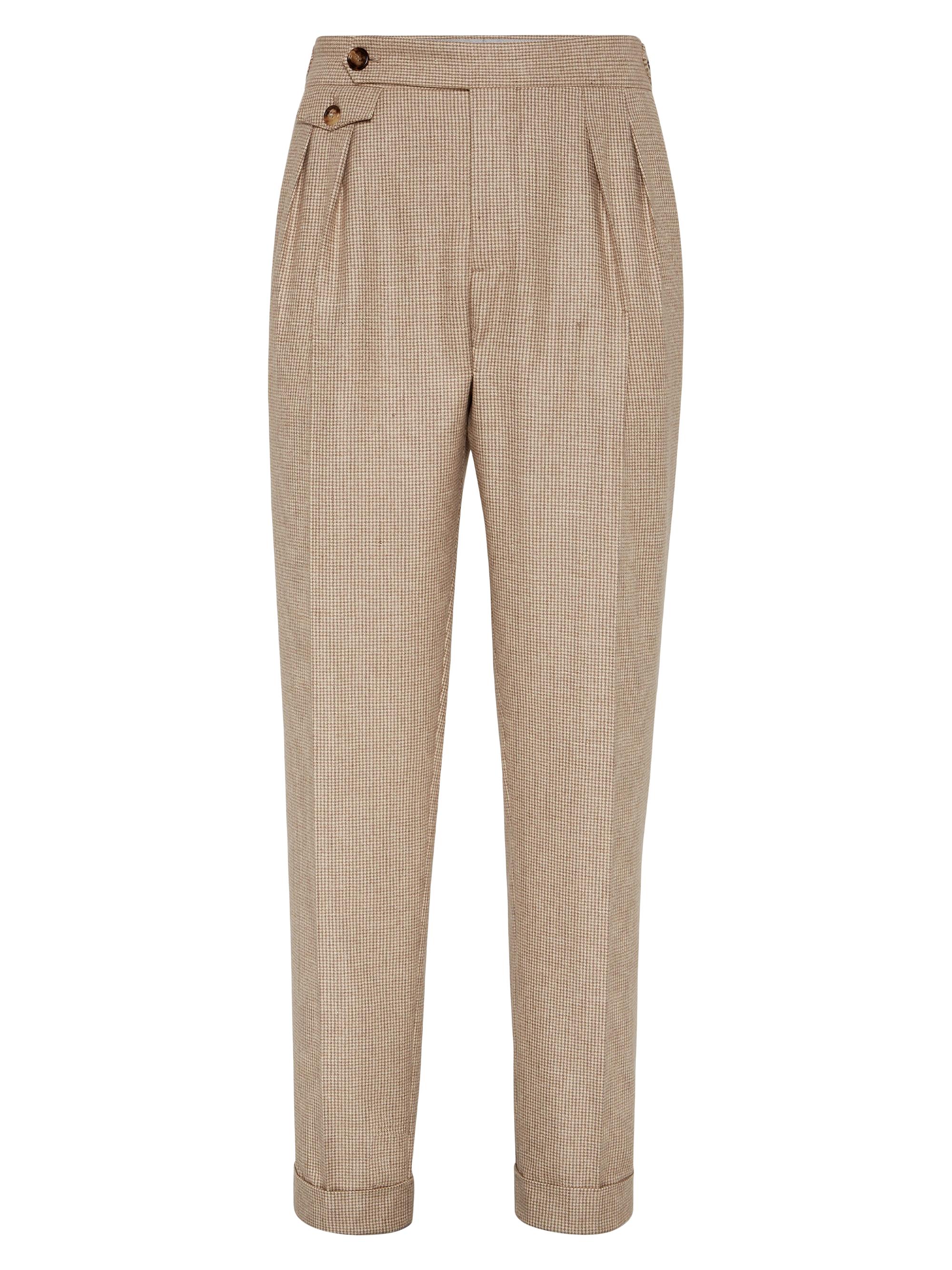 Brunello Cucinelli Men's Cashmere and Silk Houndstooth Tailor Fit Trousers with Double Pleats - Beige