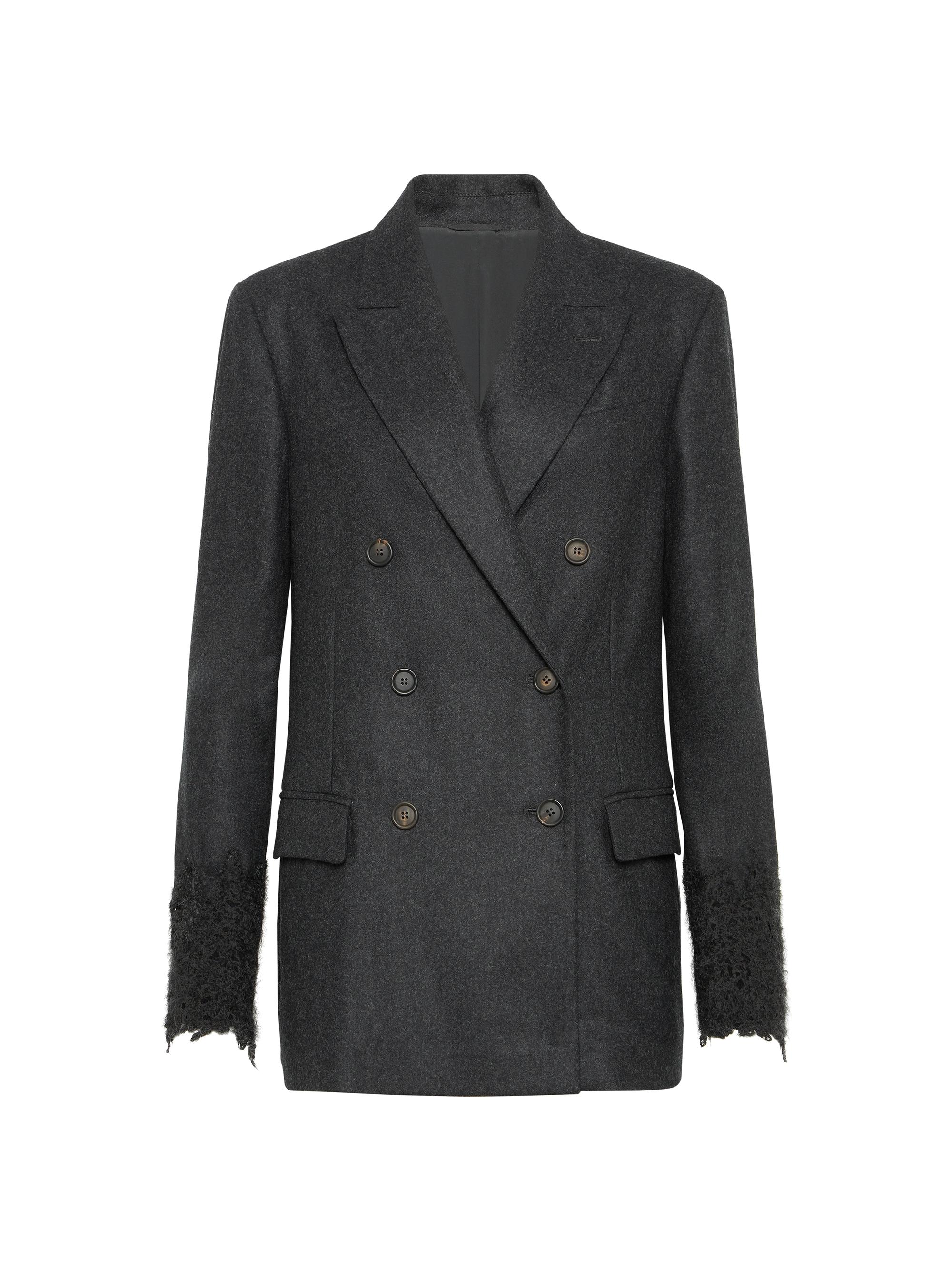 Brunello Cucinelli Women's Virgin Wool Flannel Blazer with Wispy Lace Cuffs - Dark Grey