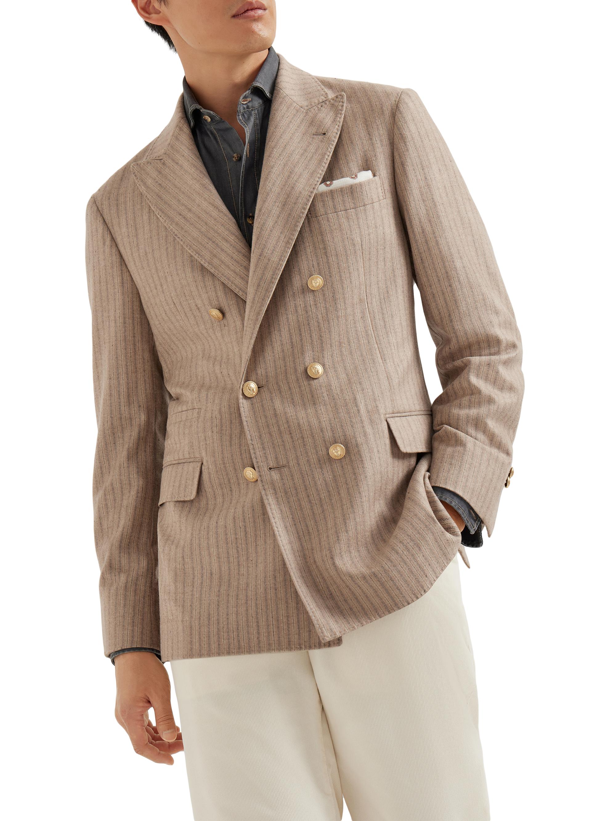 Brunello Cucinelli Men's Cashmere and Silk Multistrip Flannel One and a Half Breasted Deconstructed Blazer - Light Brown