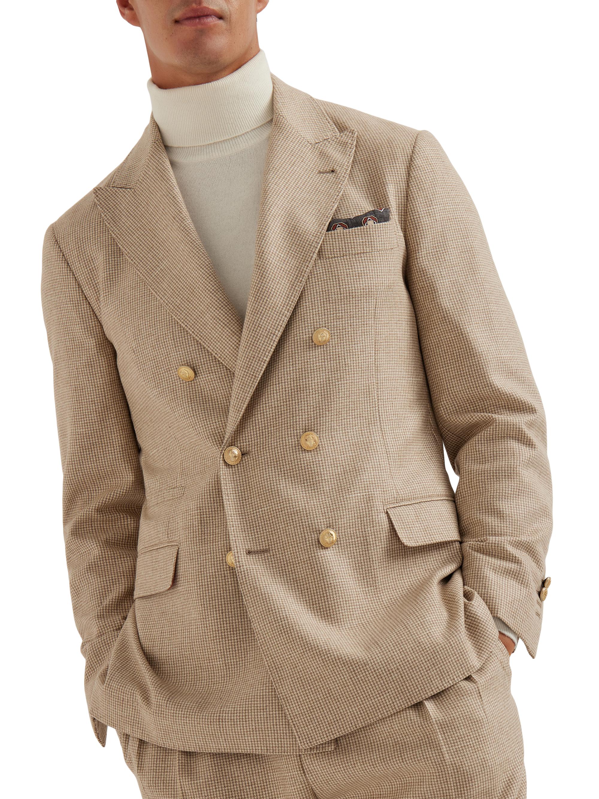 Brunello Cucinelli Men's Cashmere and Silk Houndstooth One and a Half Breasted Deconstructed Blazer - Beige