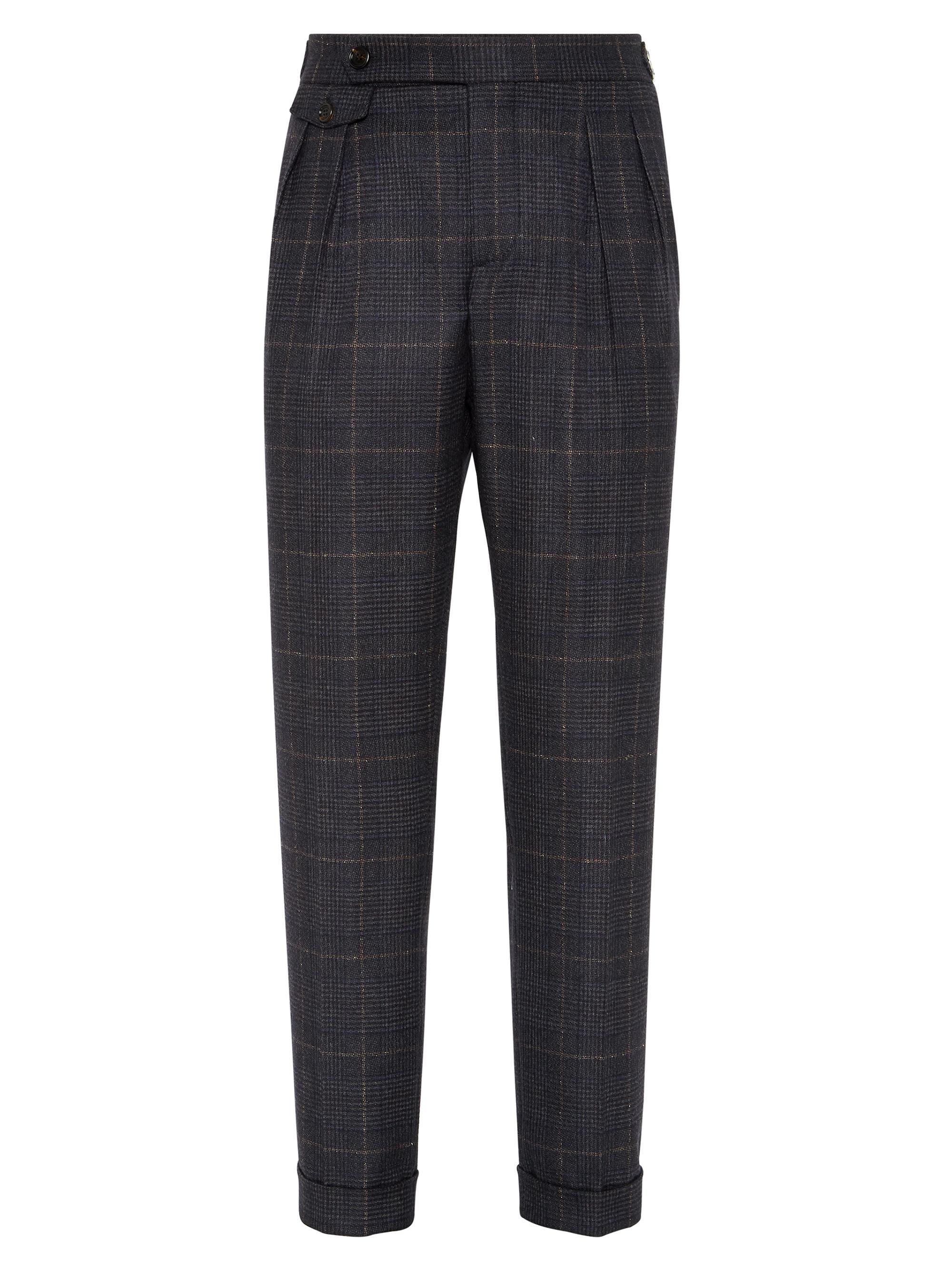 Brunello Cucinelli Men's Cashmere and Virgin Wool Prince of Wales Tailor Fit Trousers - Anthracite