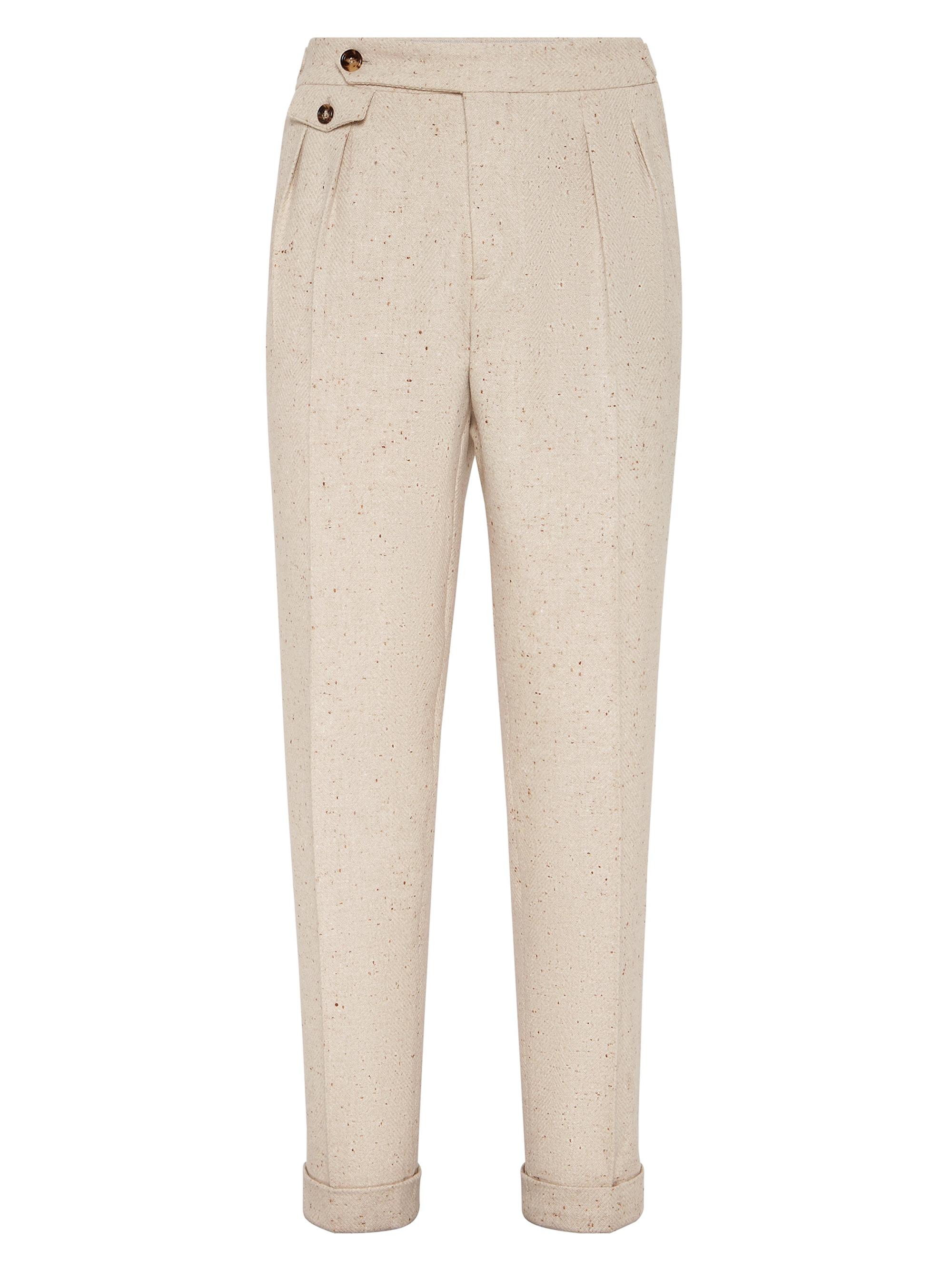 Brunello Cucinelli Men's Wool Blend Flecked Diagonal Tailor Fit Trousers with Double Pleats - Buff