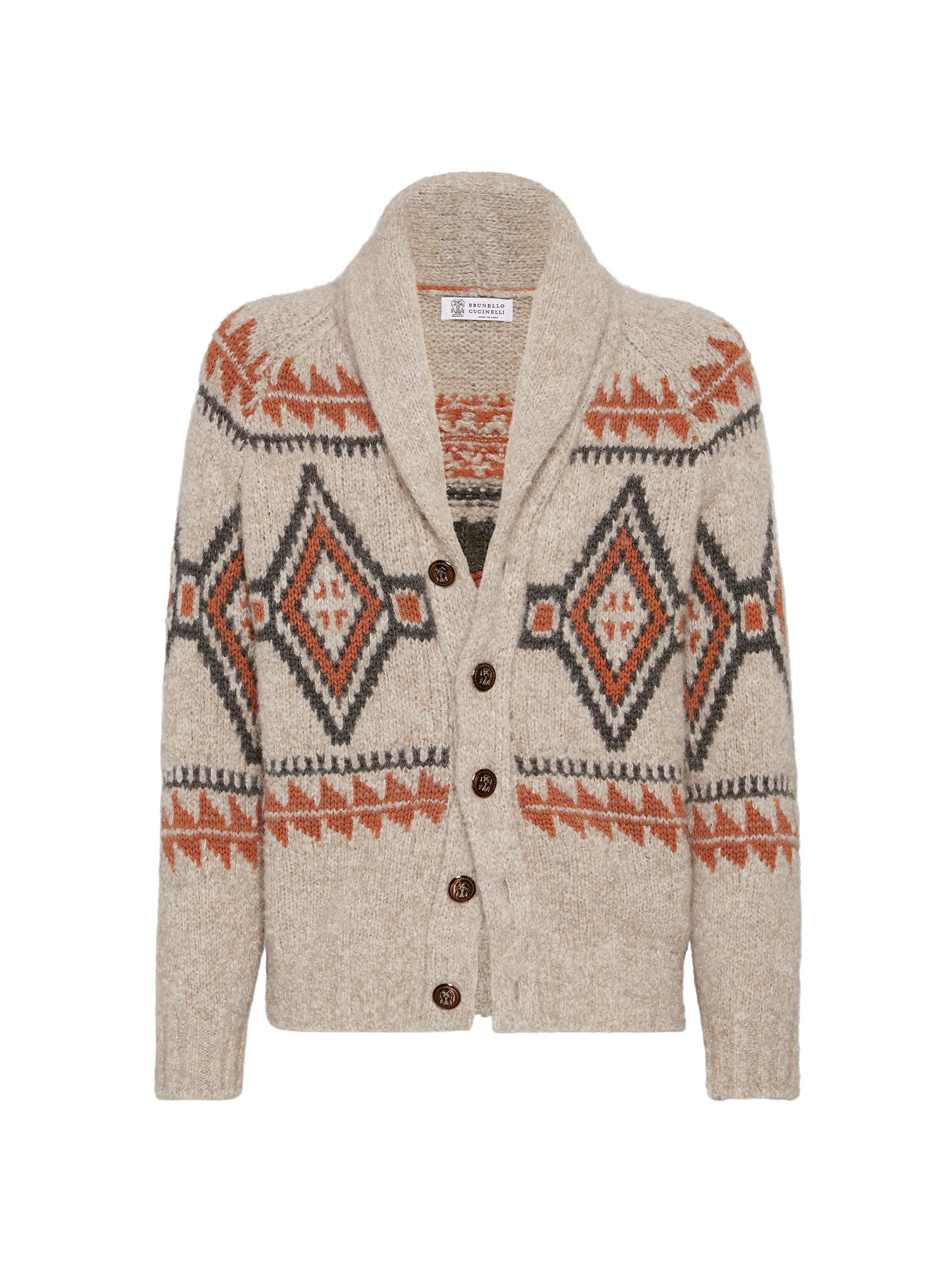 Brunello Cucinelli Men's Geometric Jacquard Cardigan Alpaca, Virgin Wool and Cashmere - Buff