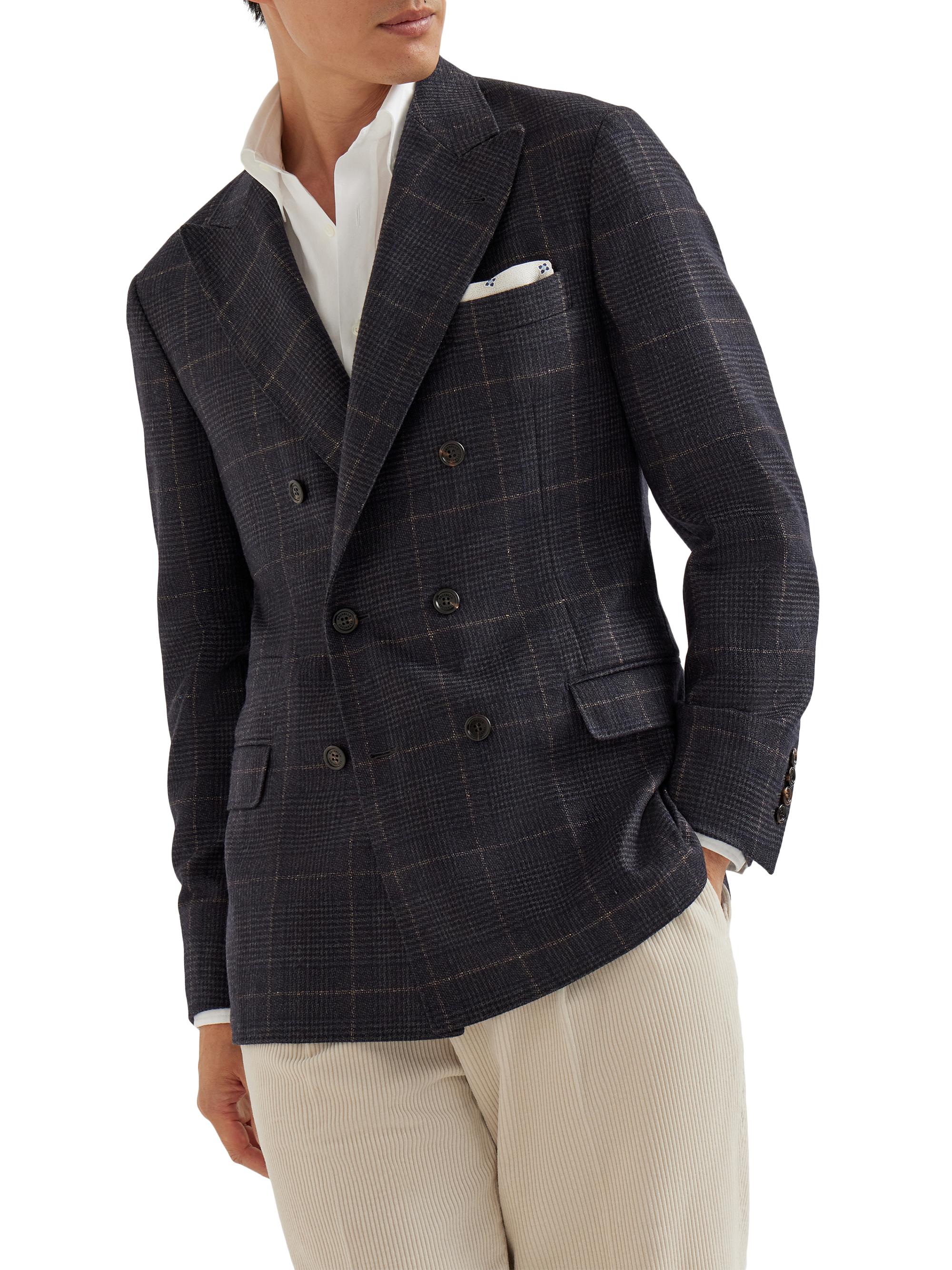 Brunello Cucinelli Men's Wool Prince of Wales One and A Half Breasted Deconstructed Blazer - Anthracite