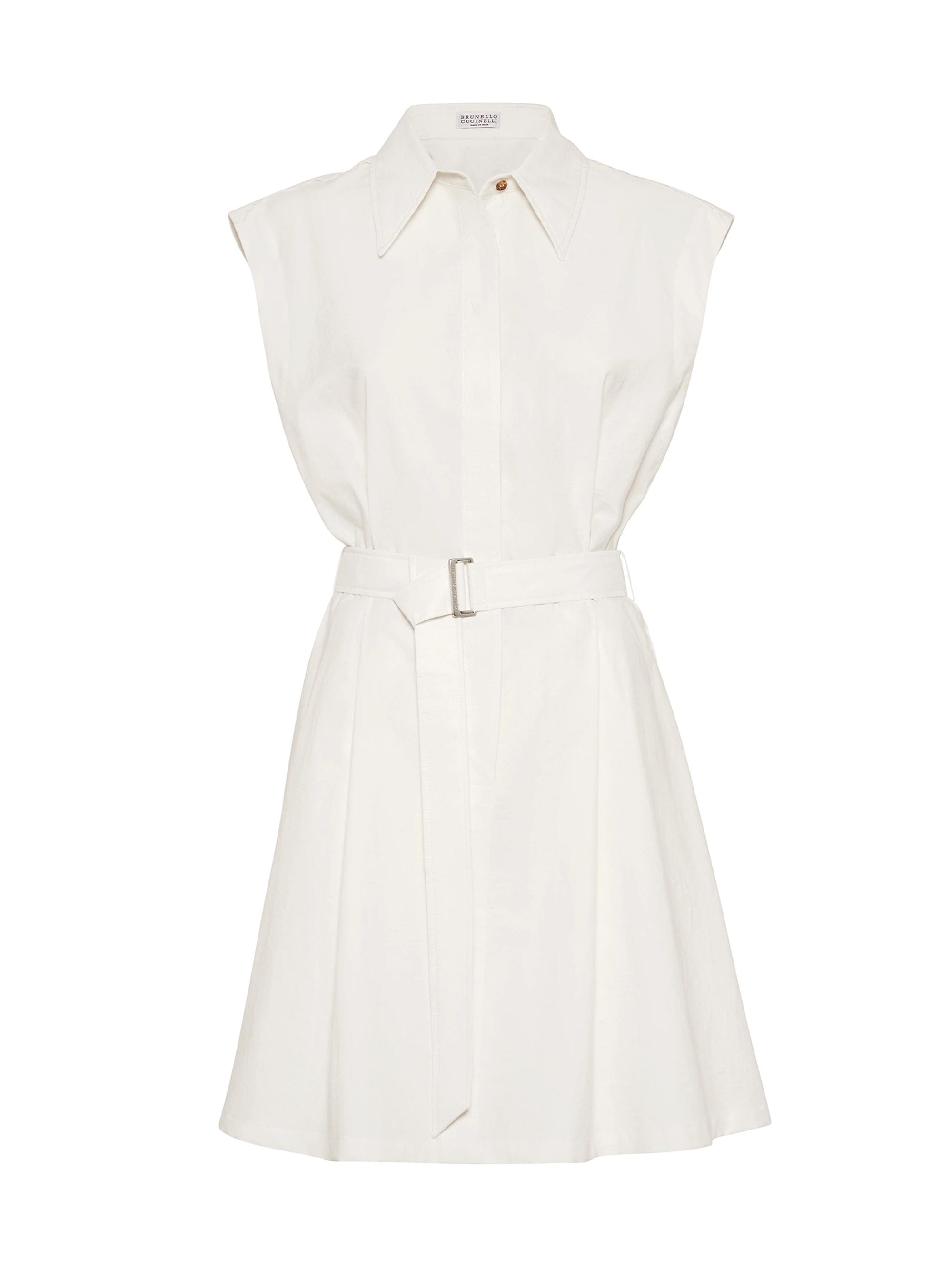 Brunello Cucinelli Women's Techno Cotton Texture Twill Belted Mini Shirt Dress with Monili - Panama