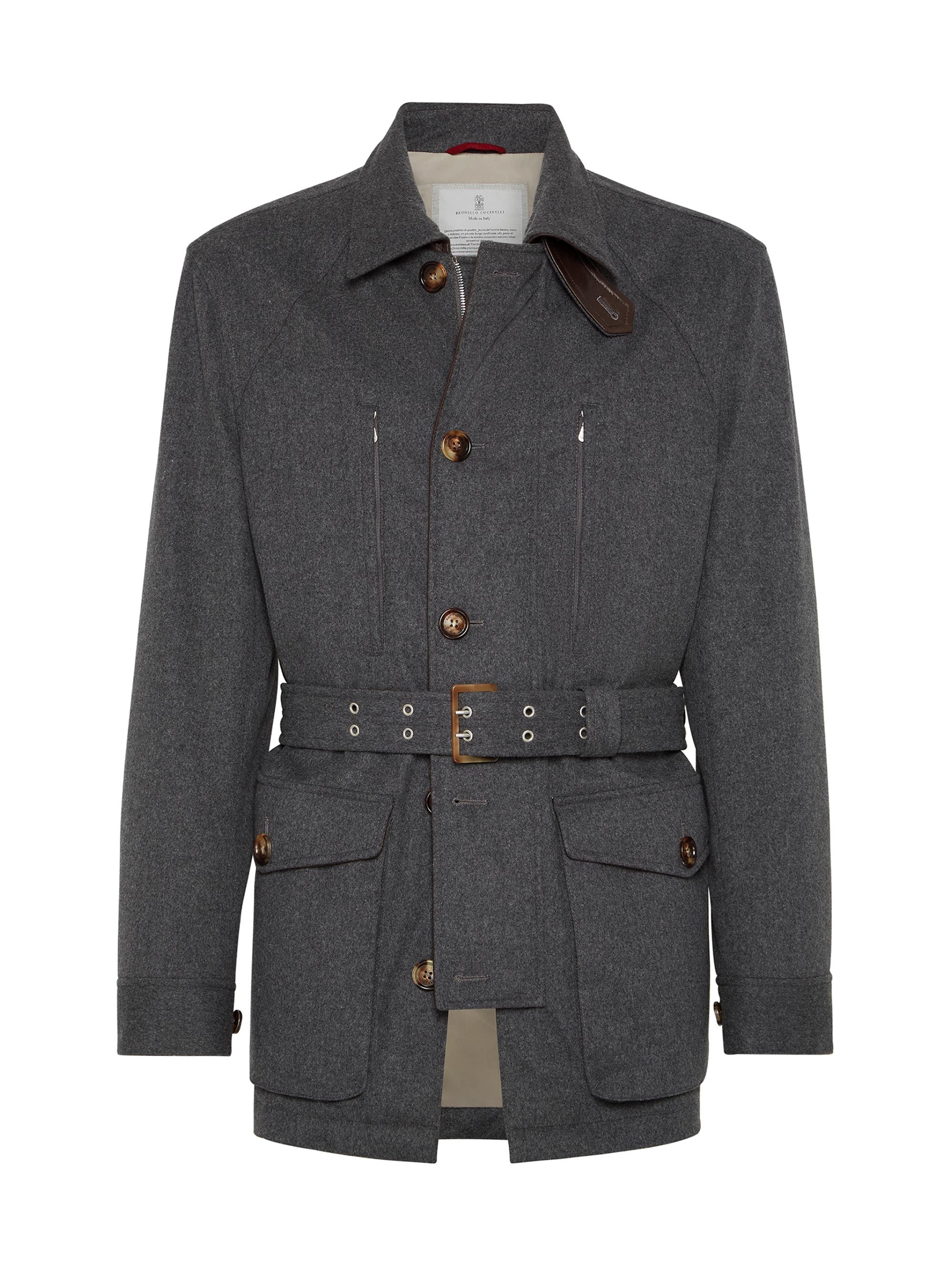 Brunello Cucinelli Men's Bonded Wool Flannel Belted Safari Jacket with Thermore Padding - Anthracite