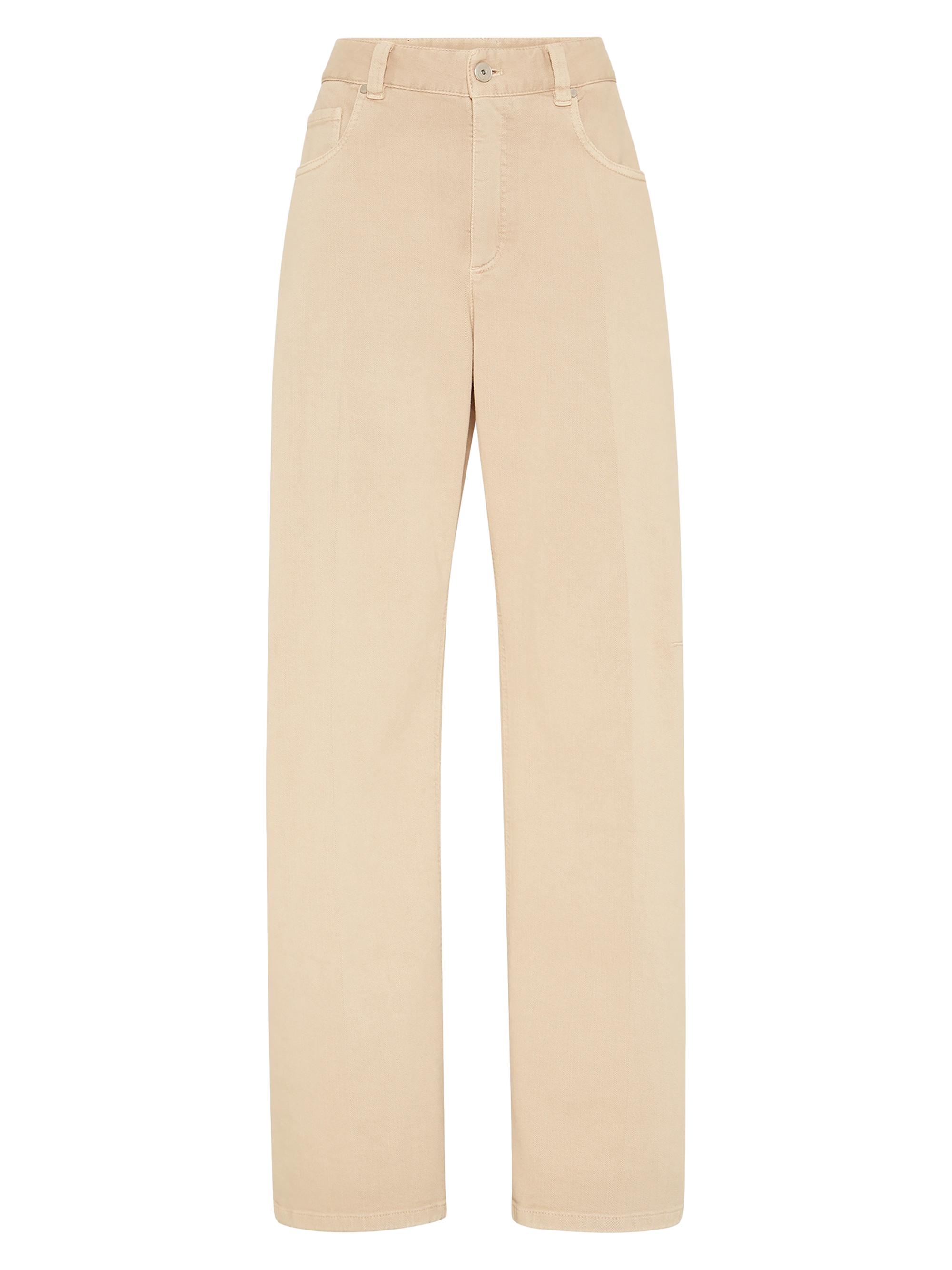 Brunello Cucinelli Women's Stretch Dyed Denim Curved Five Pocket Trousers with Monili - Biscuit