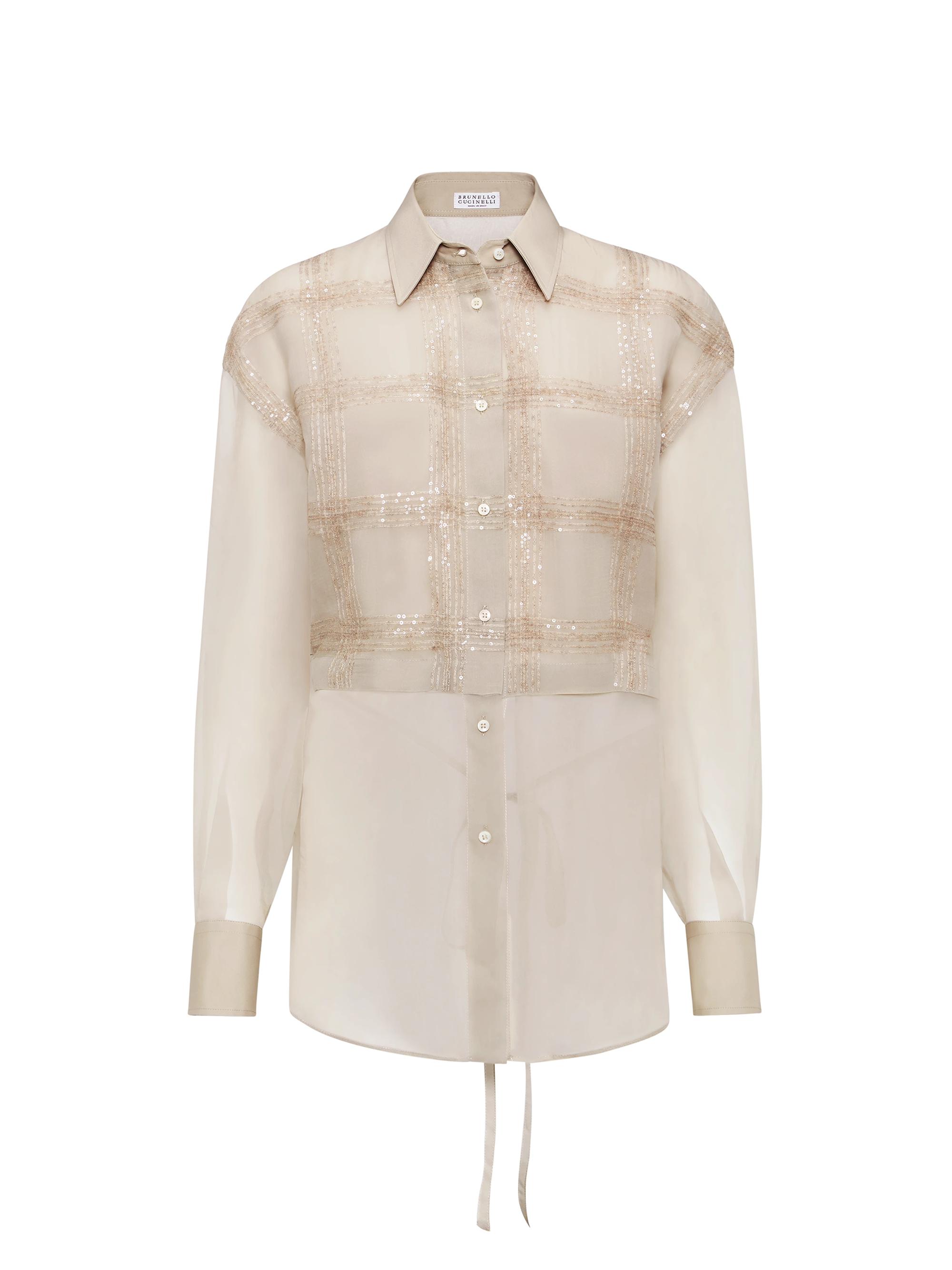 Brunello Cucinelli Women's Crispy Silk Layered Shirt with Dazzling Checks Embroidery - Cool Beige