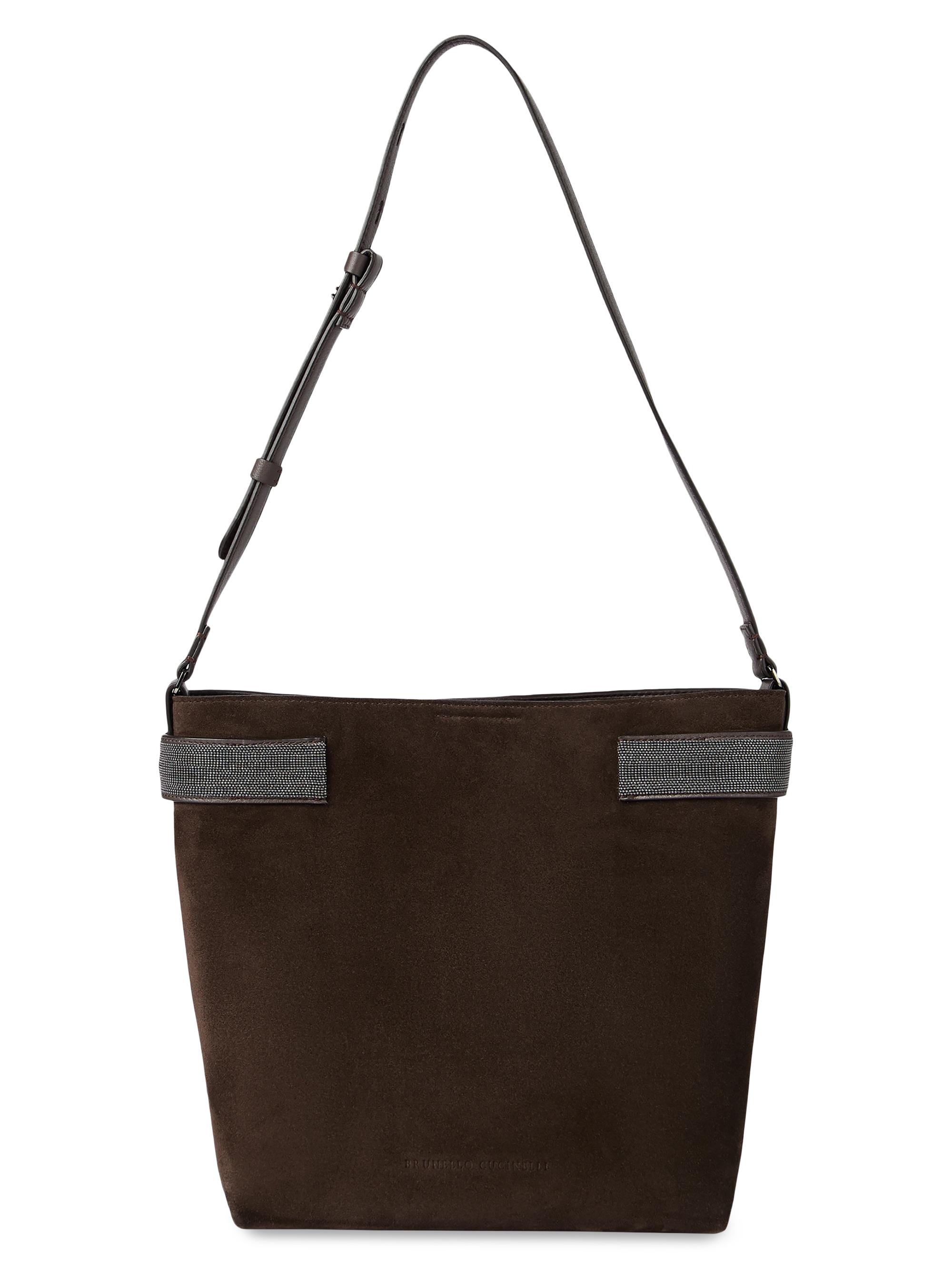 Brunello Cucinelli Women's Essence Bucket Bag in Suede with Precious Bands - Pine Cone Brown