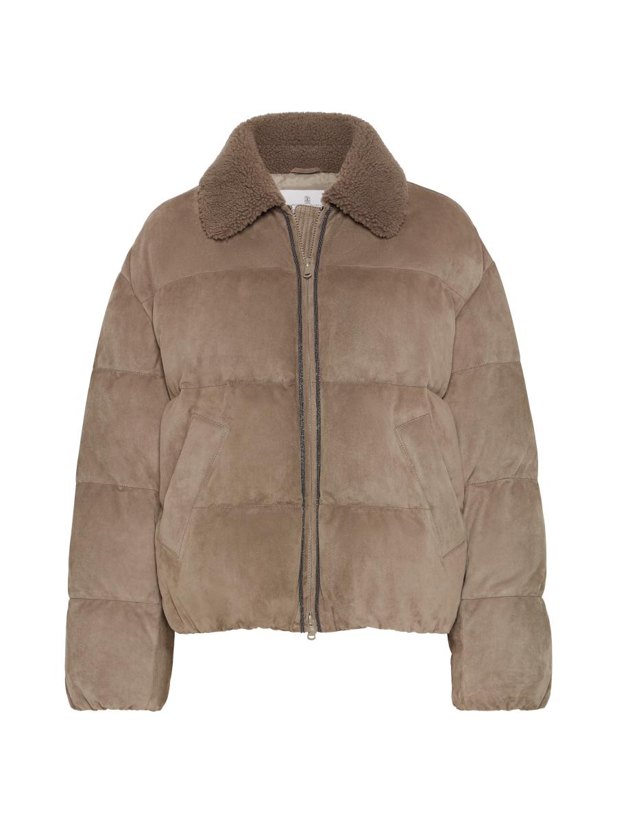 Brunello Cucinelli Women's Suede Down Coat With Merino Shearling Collar And Shiny Trims In Brown