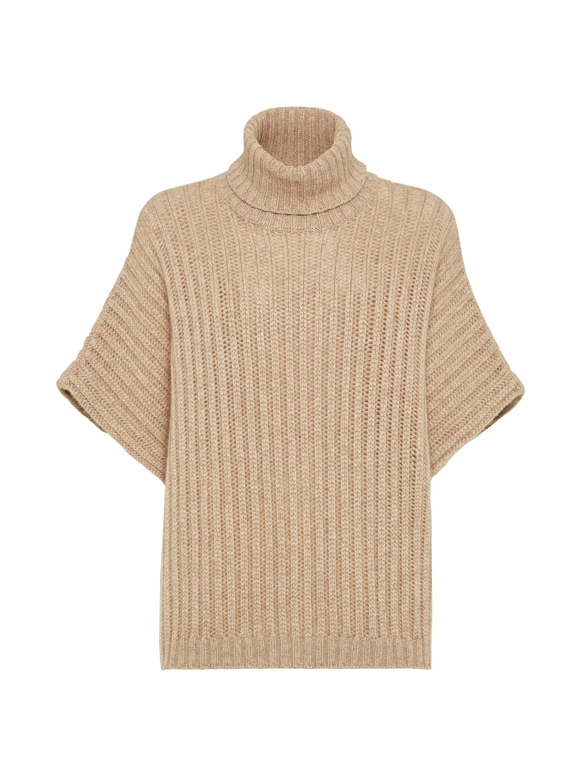 Brunello Cucinelli Women's Cashmere Feather Yarn Wide Rib Poncho Style Sweater - Biscuit