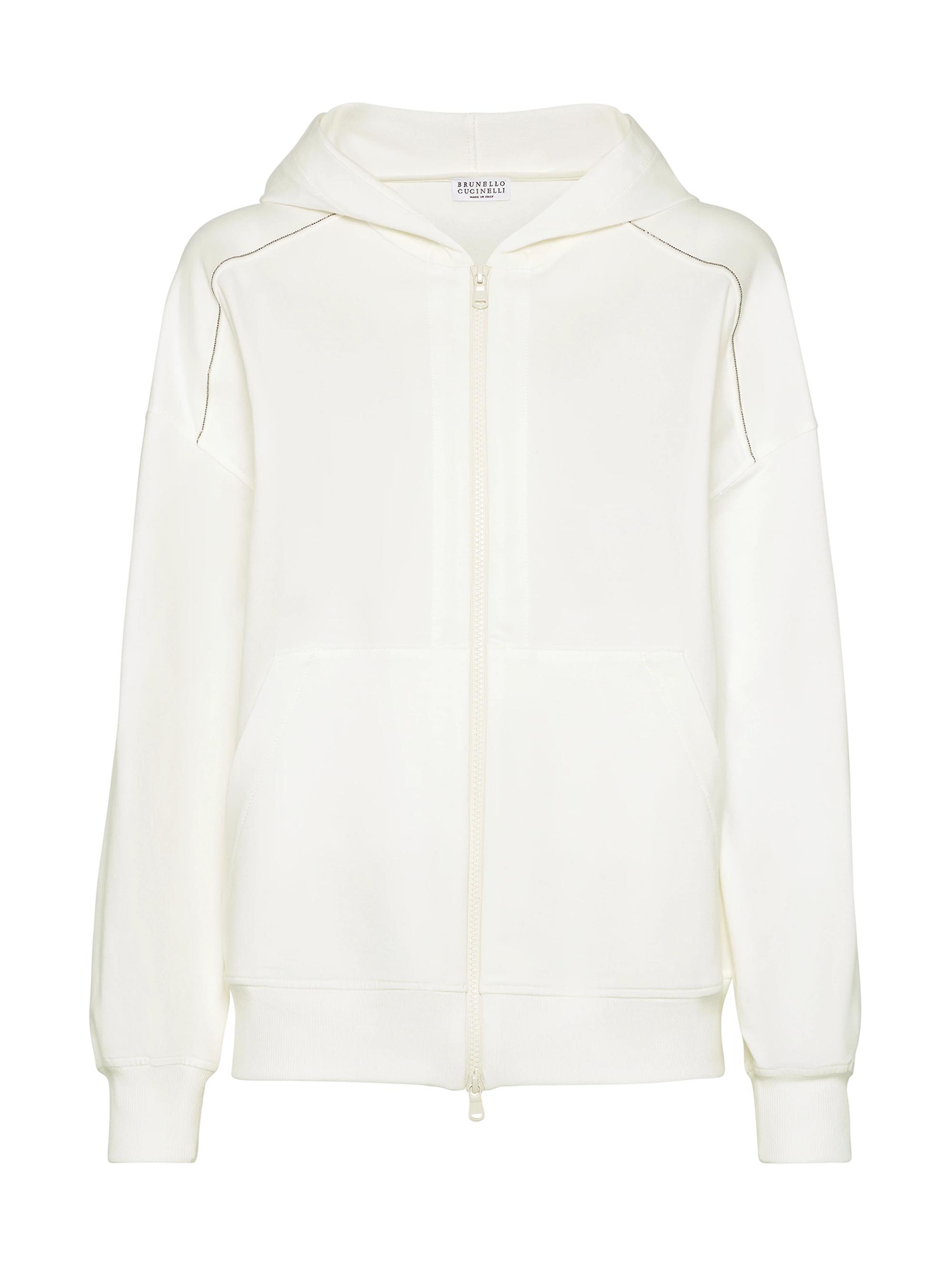 Brunello Cucinelli Women's Stretch Cotton Lightweight French Terry Hooded Sweatshirt with Zipper and Shiny Trims - Natural