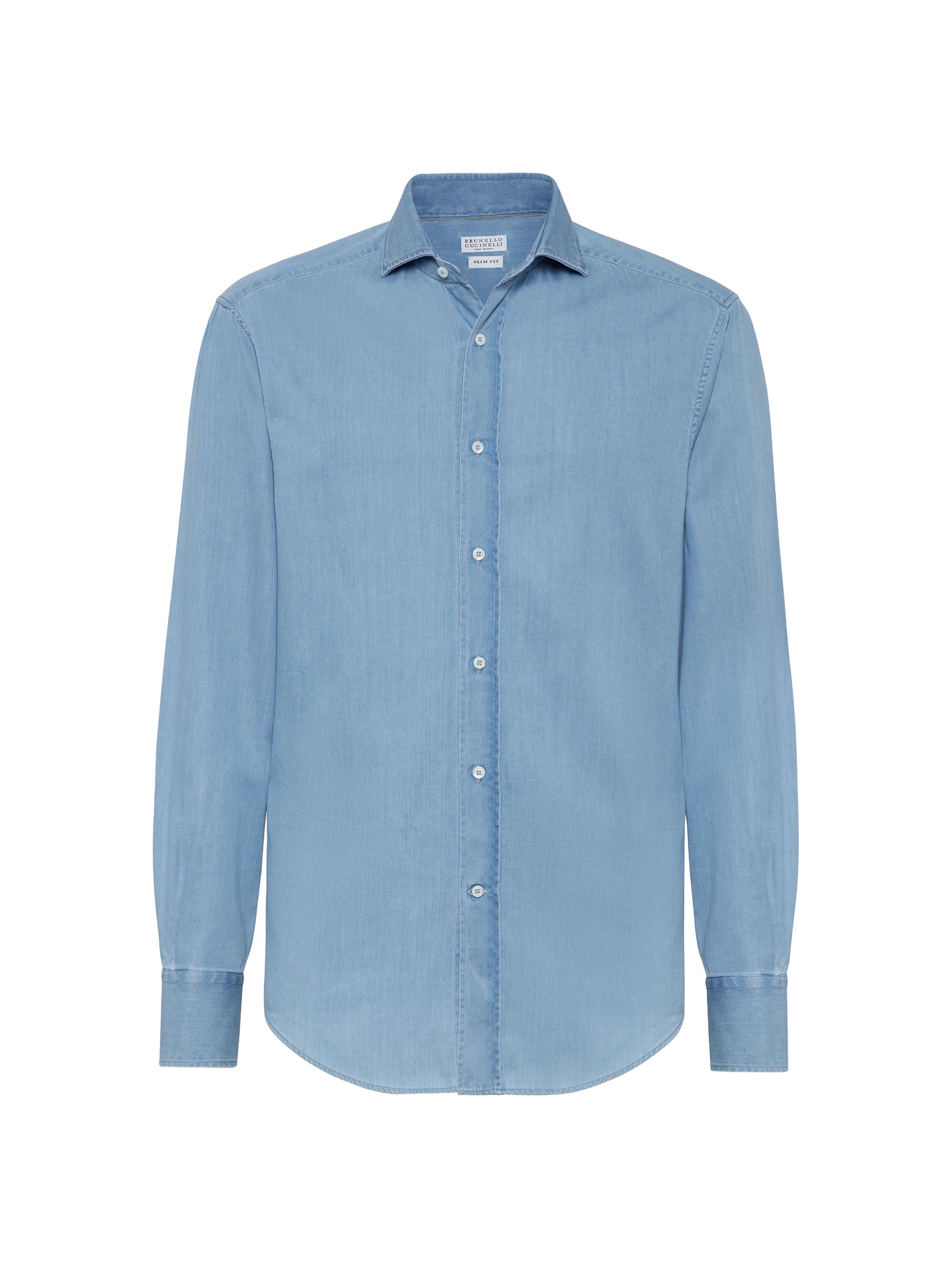 Brunello Cucinelli Men's Lightweight Denim Slim Fit Shirt with Spread Collar - Anthracite