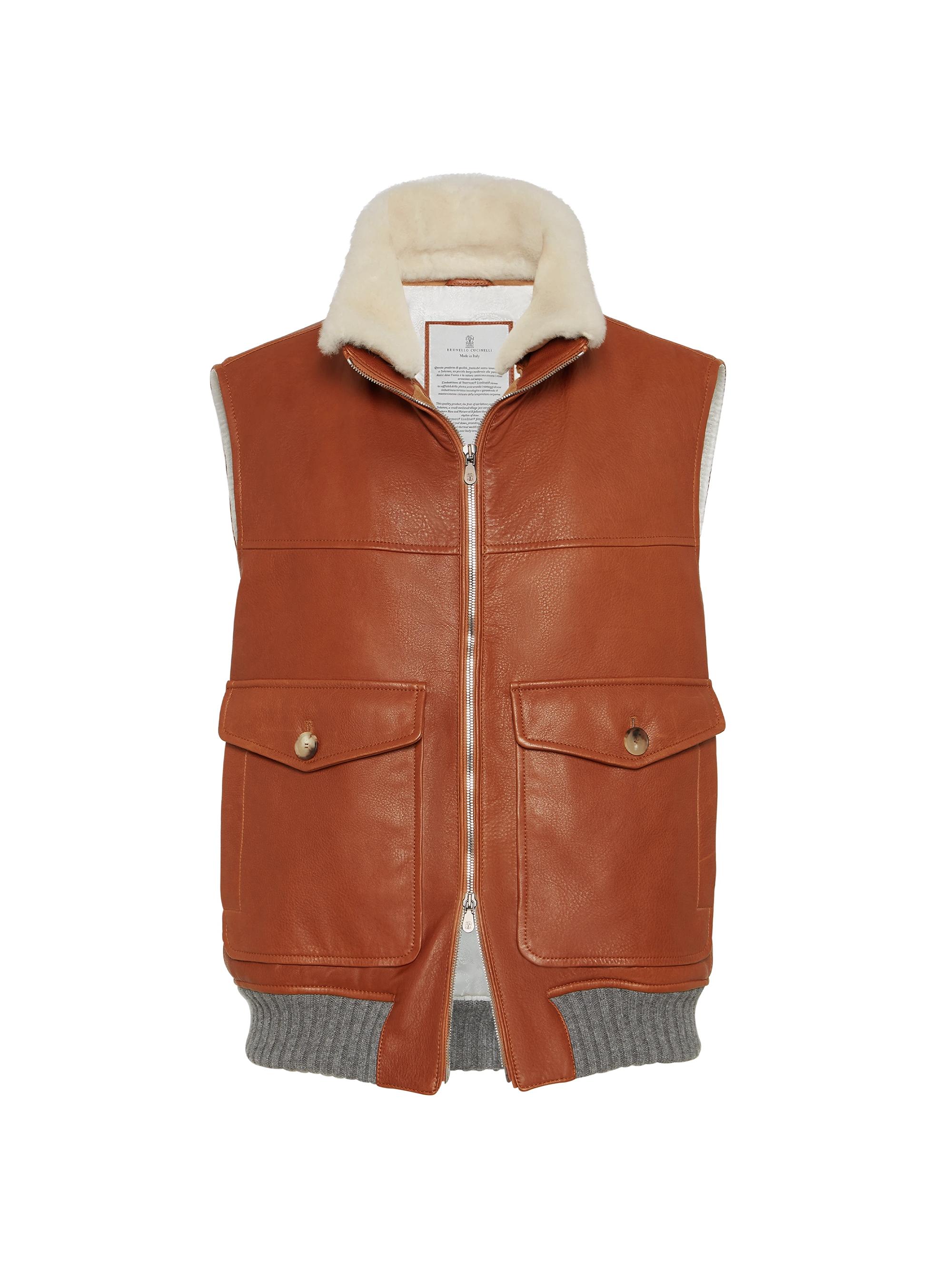 Brunello Cucinelli Men's Nappa Leather Vest with Themore Padding and Detachable Shearling Insert - Brown