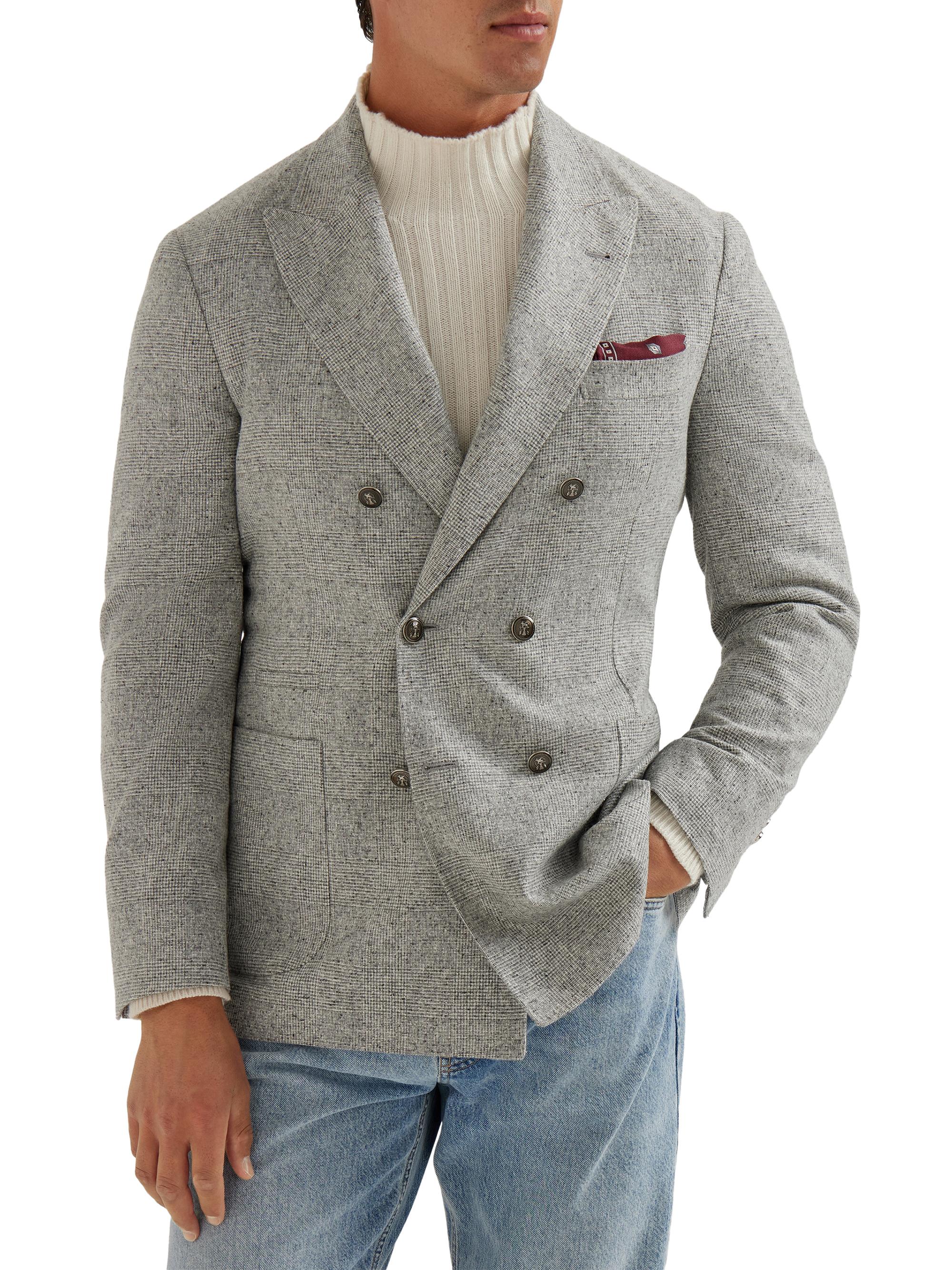 Brunello Cucinelli Men's Flecked Prince of Wales Flannel One and a Half Breasted Deconstructed Blazer - Light Grey