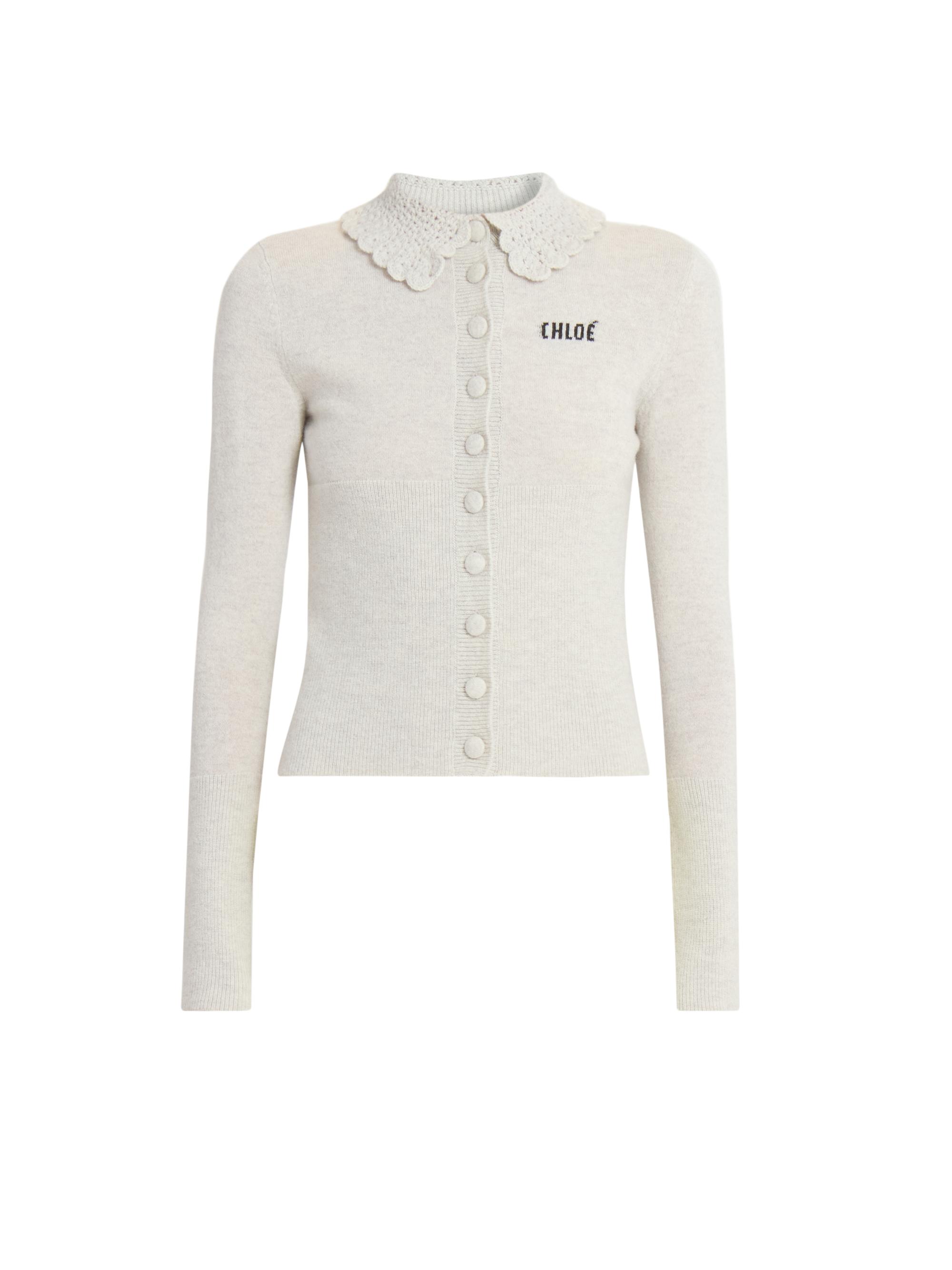 Chloé Women's Logo Crochet Collar Wool Cardigan - Sweet Grey