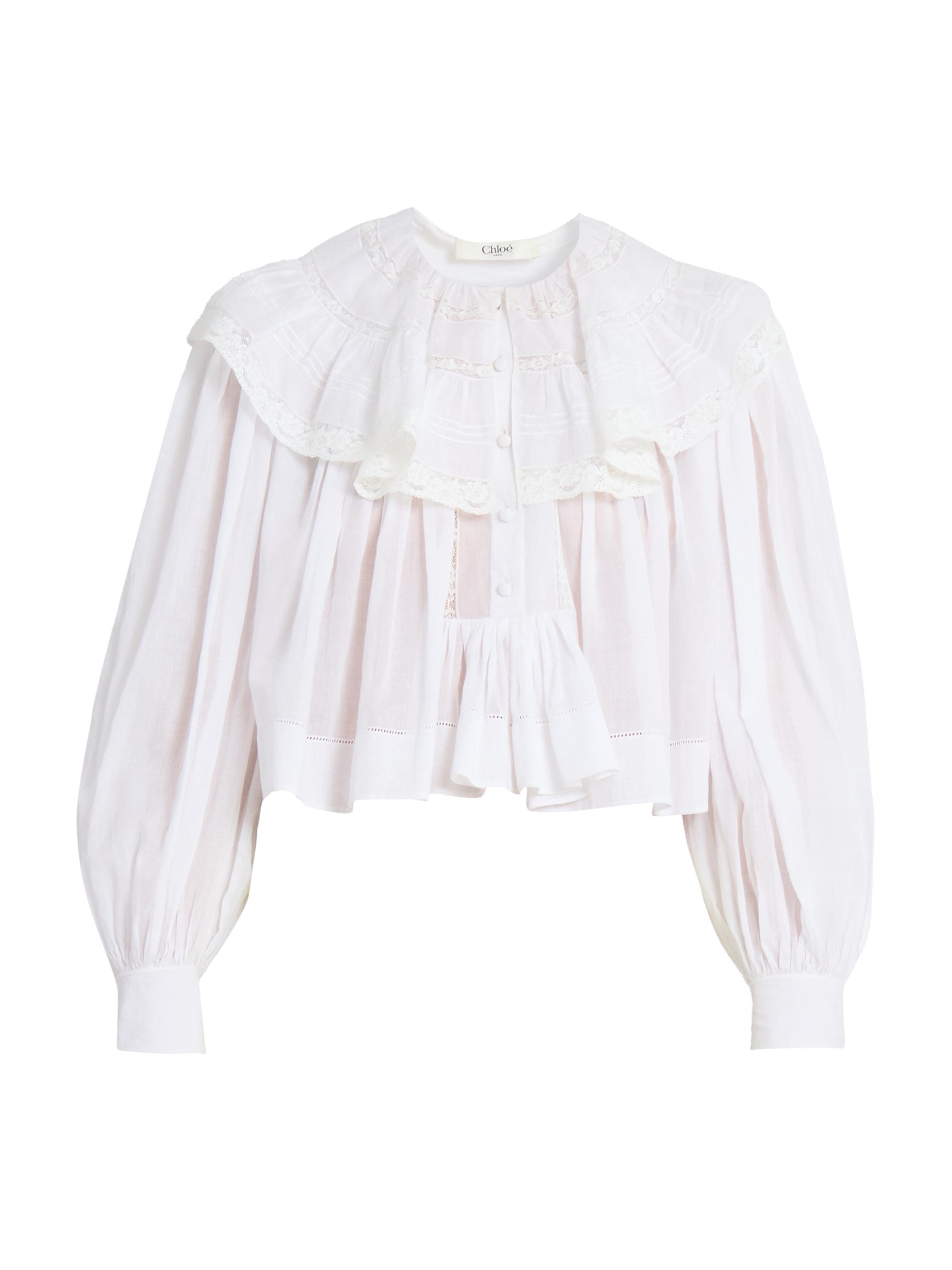 Ruffled Lace-Trim Cotton Crop Blouse