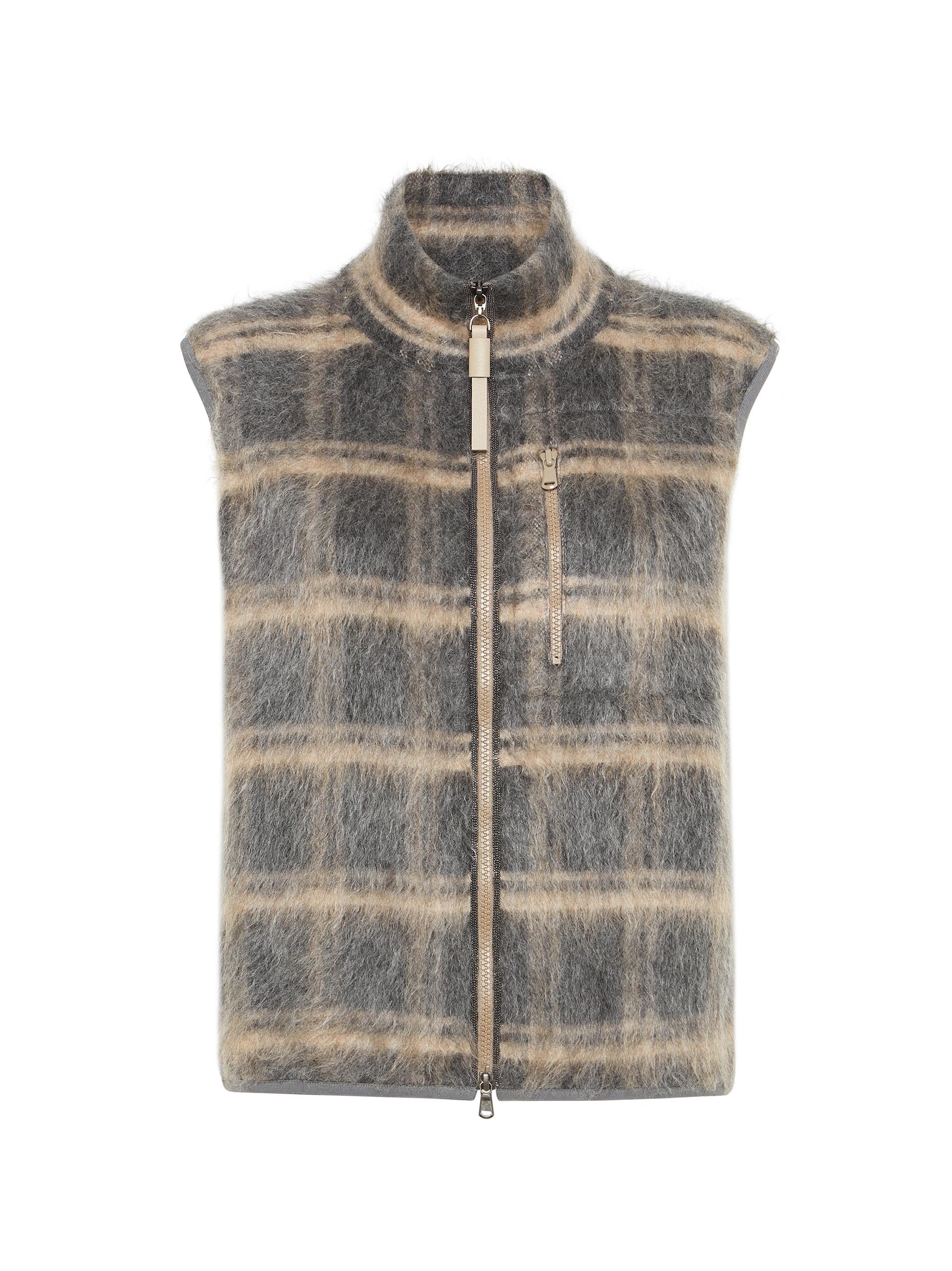 Brunello Cucinelli Women's Virgin Wool, Mohair and Cashmere Jacquard Check Knit Vest with Shiny Trims - Dark Grey