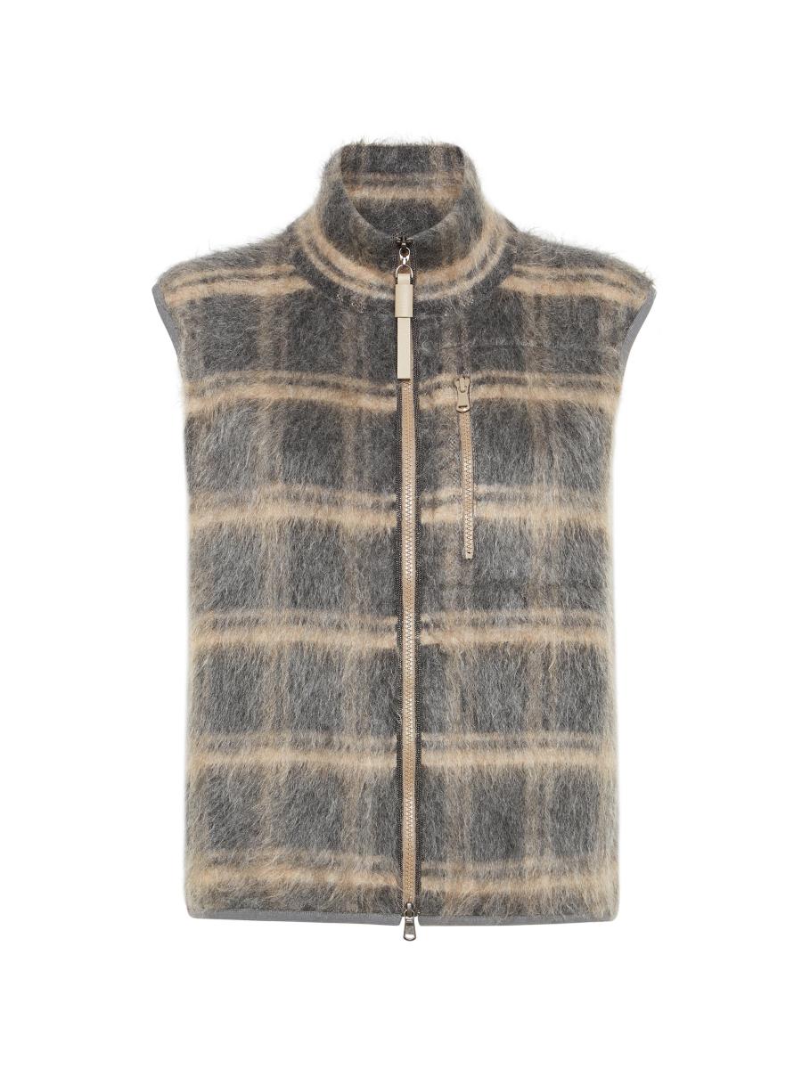 Brunello Cucinelli Women's Virgin Wool, Mohair And Cashmere Jacquard Check Knit Vest With Shiny Trims In Gray